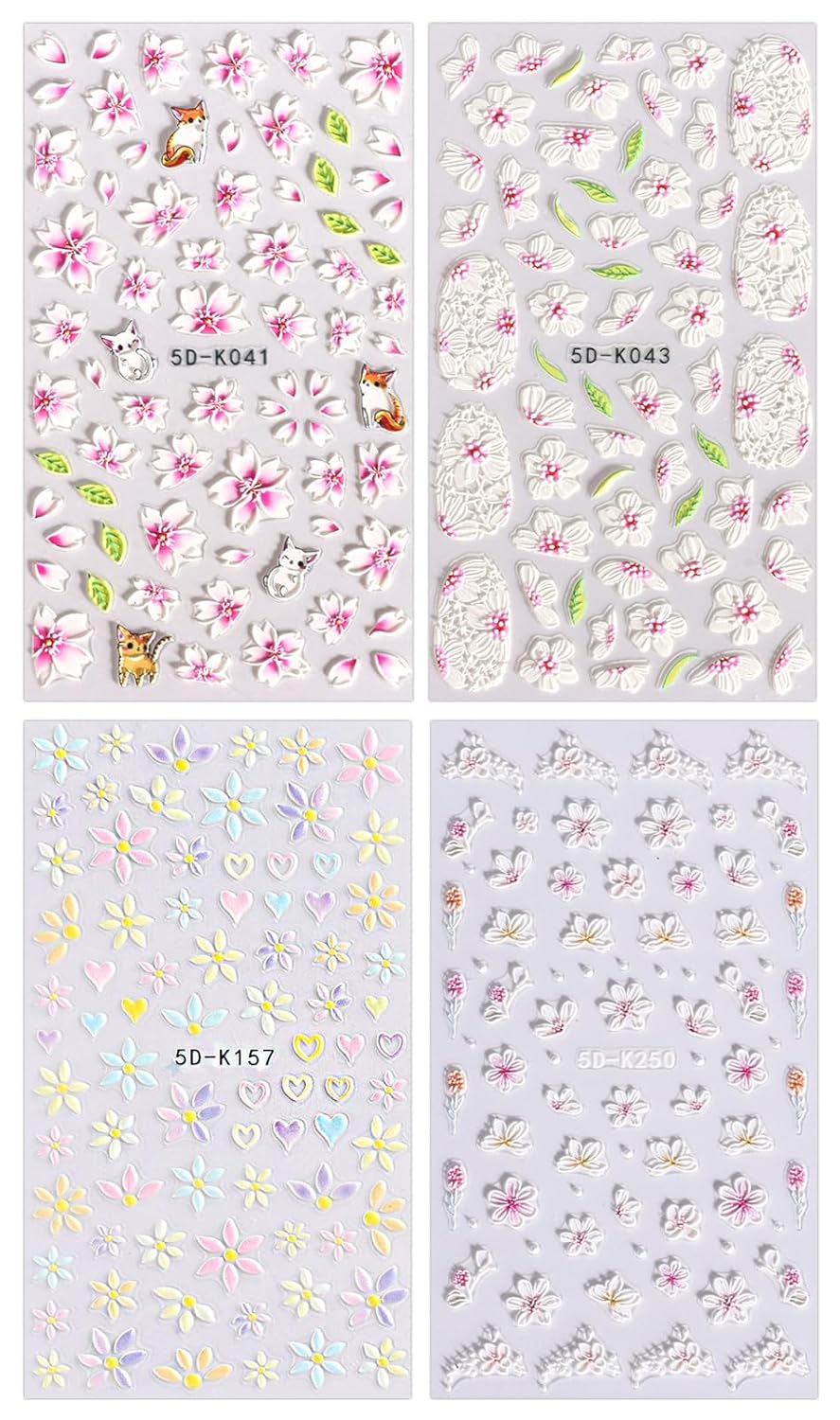 JMEOWIO 3D Embossed Flower Nail Art Stickers Decals Self-Adhesive Pegatinas Uñas 5D Summer Spring Floral Nail Supplies Nail Art Design Decoration Accessories 4 Sheets