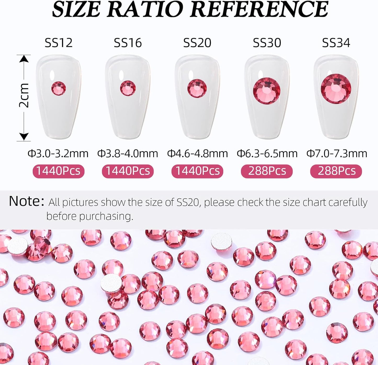 Rose Flatback Rhinestones, Glass Rhinestones for Nail Art and Craft, Glue Fix, Loose Crystal Gemstones(Rose, SS34, 288pcs, 7.1-7.3mm)
