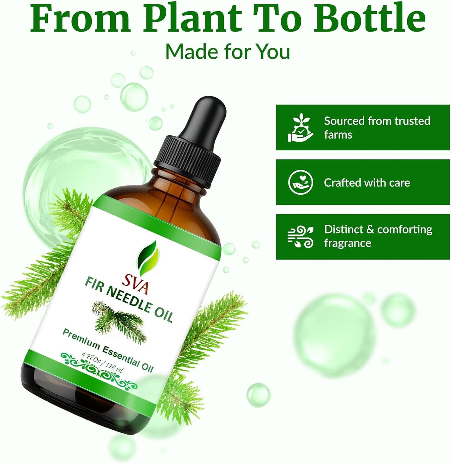SVA Fir Needle Essential Oil – 4 Fl Oz – 100% Natural Fir Needle Oil - for Diffuser, Hair Care, Face, Skin Care, Aromatherapy, Scalp and Body Massage, Soap and Candle Making – with Dropper