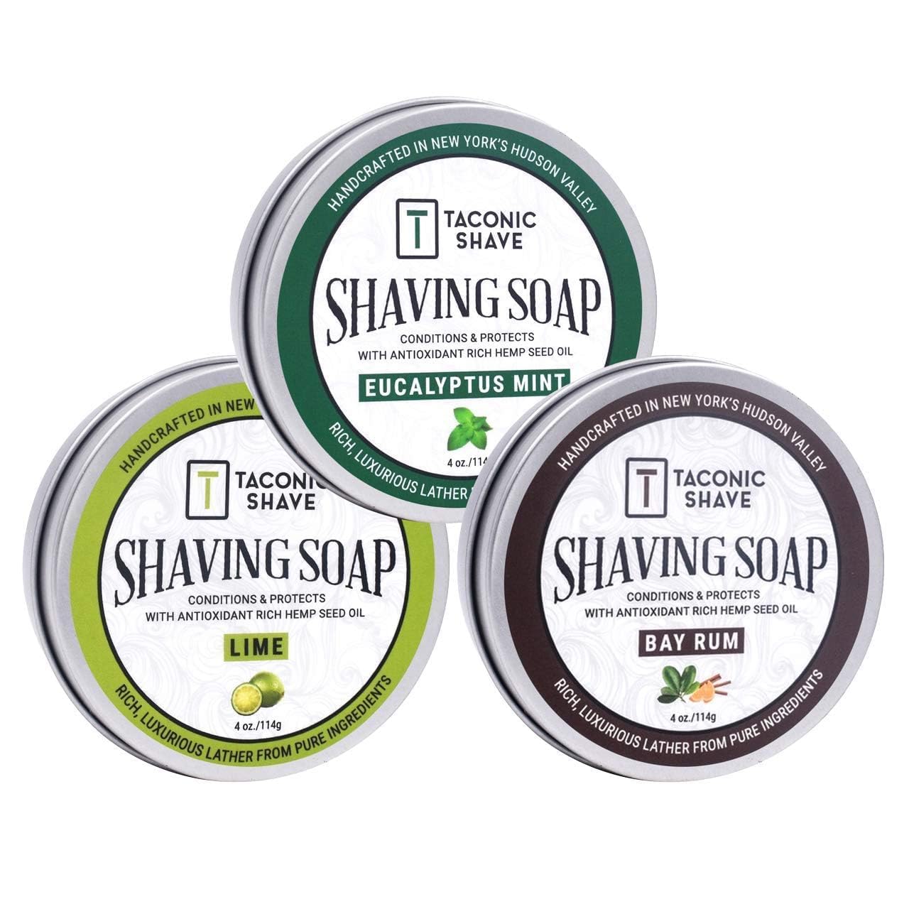 Taconic Shave Barbershop Quality Shaving Soap for Men & Women with Anti-Oxidant Rich Seed Oils – Moisturizing Shaving Soap for All Skin Types (Variety Pack - Lime, Eucaluptus Mint & Bay Rum)