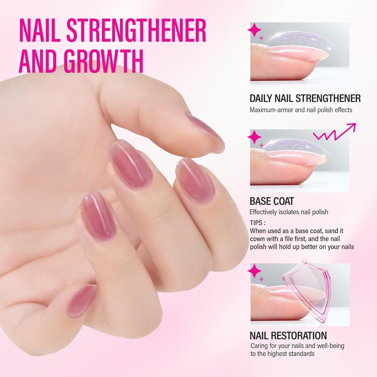 Nail Strengthener for Women: 8 in 1 Dusty Rose Nail Hardener Extra Strong and Growth - Nail Polish Hardener for Weak and Damaged Nails 15ml