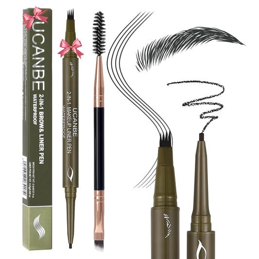 UCANBE Eyebrow Pencils for Women with Spoolie Brush, Dual-Ended Eyebrow Pen with 4-Fork-Tip & Gel Eyeliner, Microblading Brow Pen with Eyeliner Pencil + Brow Brush for Hair Like Brows, Soft Black