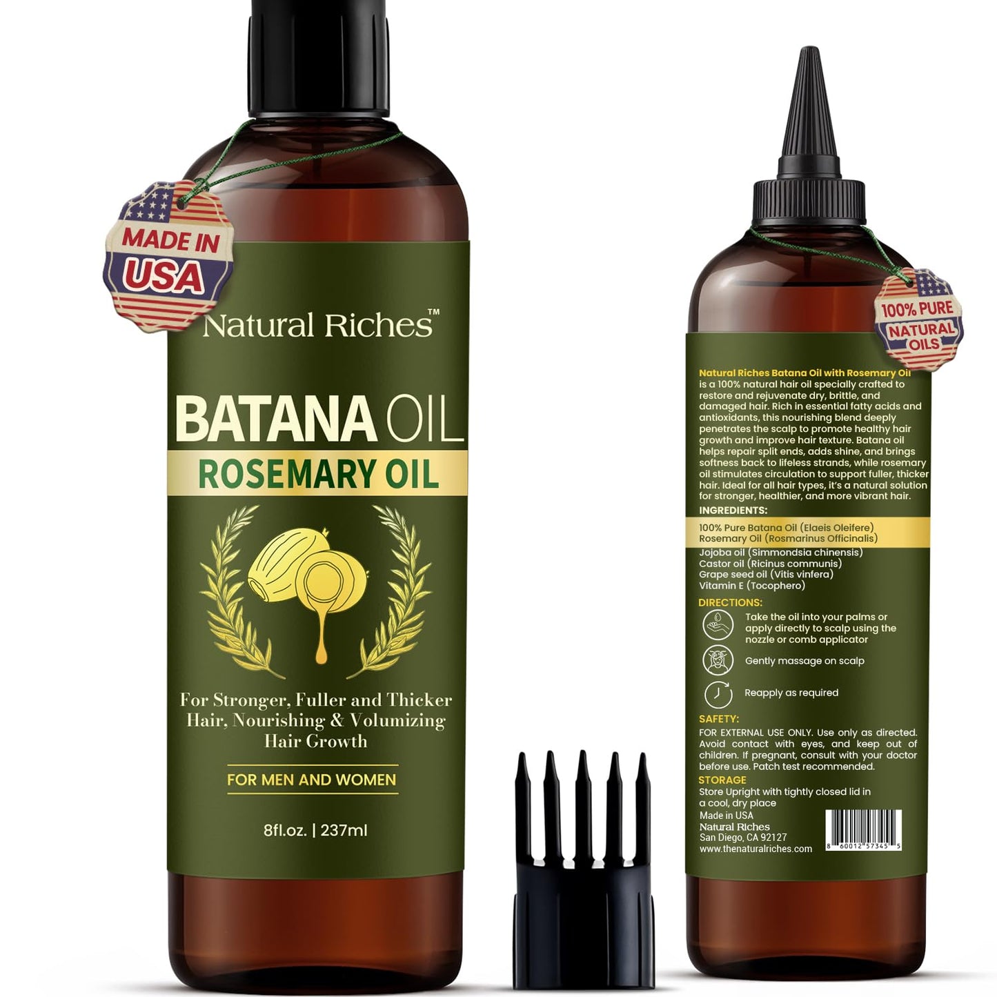 Natural Riches Rosemary & Batana Hair Oil (8 fl oz) | Revitalizing and Strengthening Hair Treatment for Fuller, Healthier-Looking Hair | Paraben Free | Suitable for All Hair Types