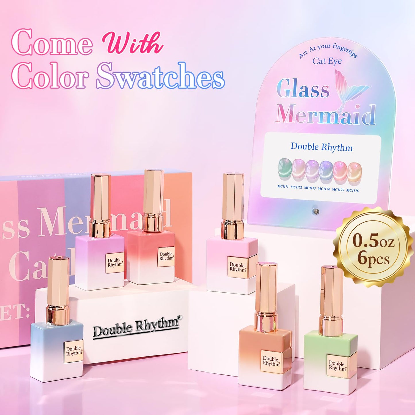 Double Rhythm Cat Eye Gel Nail Polish Set of 6 Same Color Same Bottle 0.5 Oz Shimmer Glitter with Magnet Holographic Reflective Magnetic UV Nail Polish Kit at Home (Mermaid Pink Rose-T6-31)