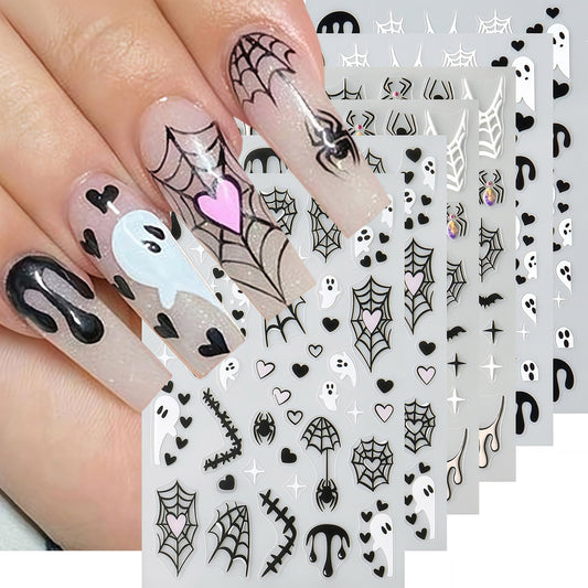 Halloween Nail Stickers 6 Sheets Bat Nail Stickers 3D Self-Adhesive Blood Spider Web Heart Spider Bat Nails Design Ghost Nail Decals Halloween Bats Ghost Sticker for Holiday DIY Manicure Decorate