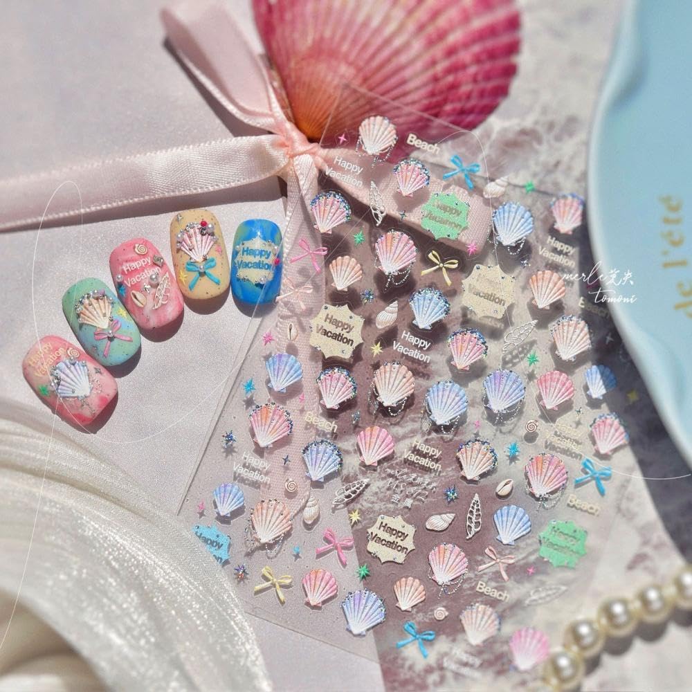 2 Sheets Summer Nail Stickers Colorful 3D Self-Adhesive Beach Conch Nail Decals 5D Embossed Ocean Nail Art Stickers Aurora Pearl Seashell Sticker Manicure Nails Accessories for Women DIY