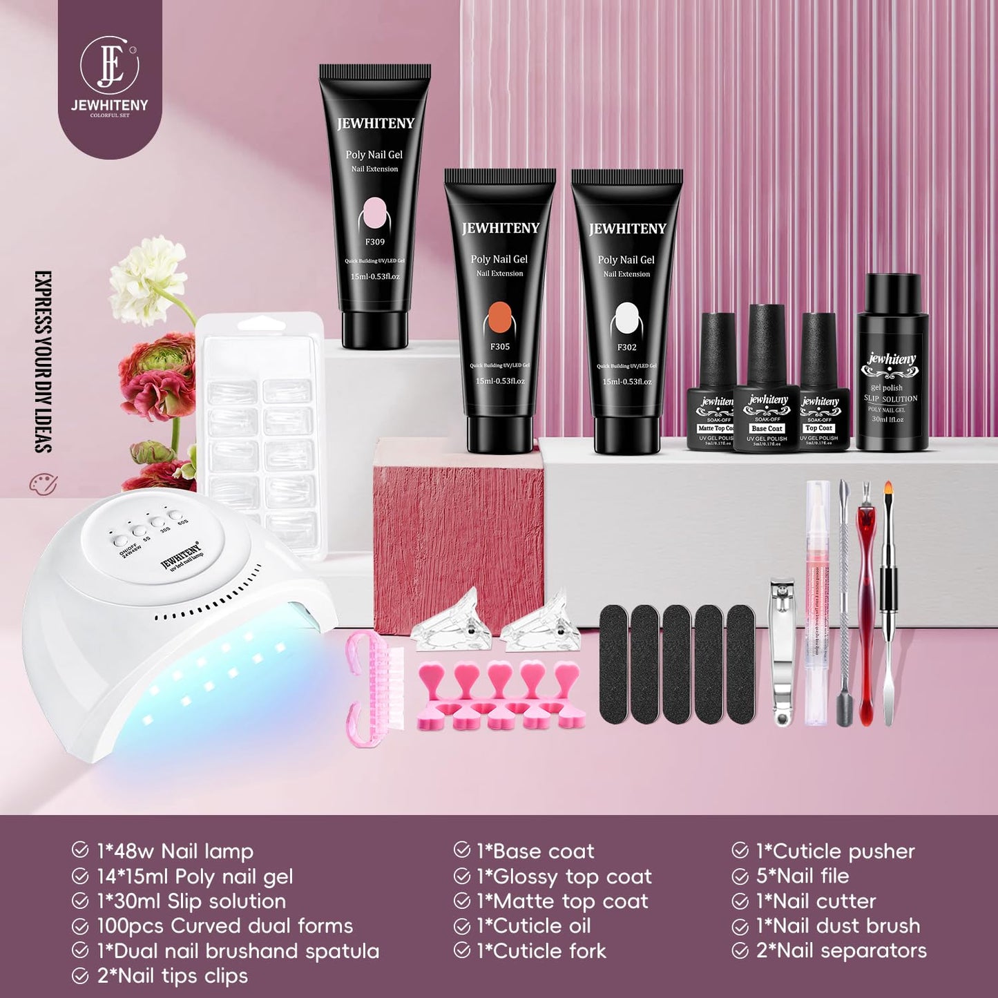 JEWHITENY 14 Colors Nude Pink Skin Tones Poly Extension Gel Kit All in One Kit All Seasons French Nails Manicure Poly Nail Gel Starter Kit with Nail Lamp Designs DIY At Home