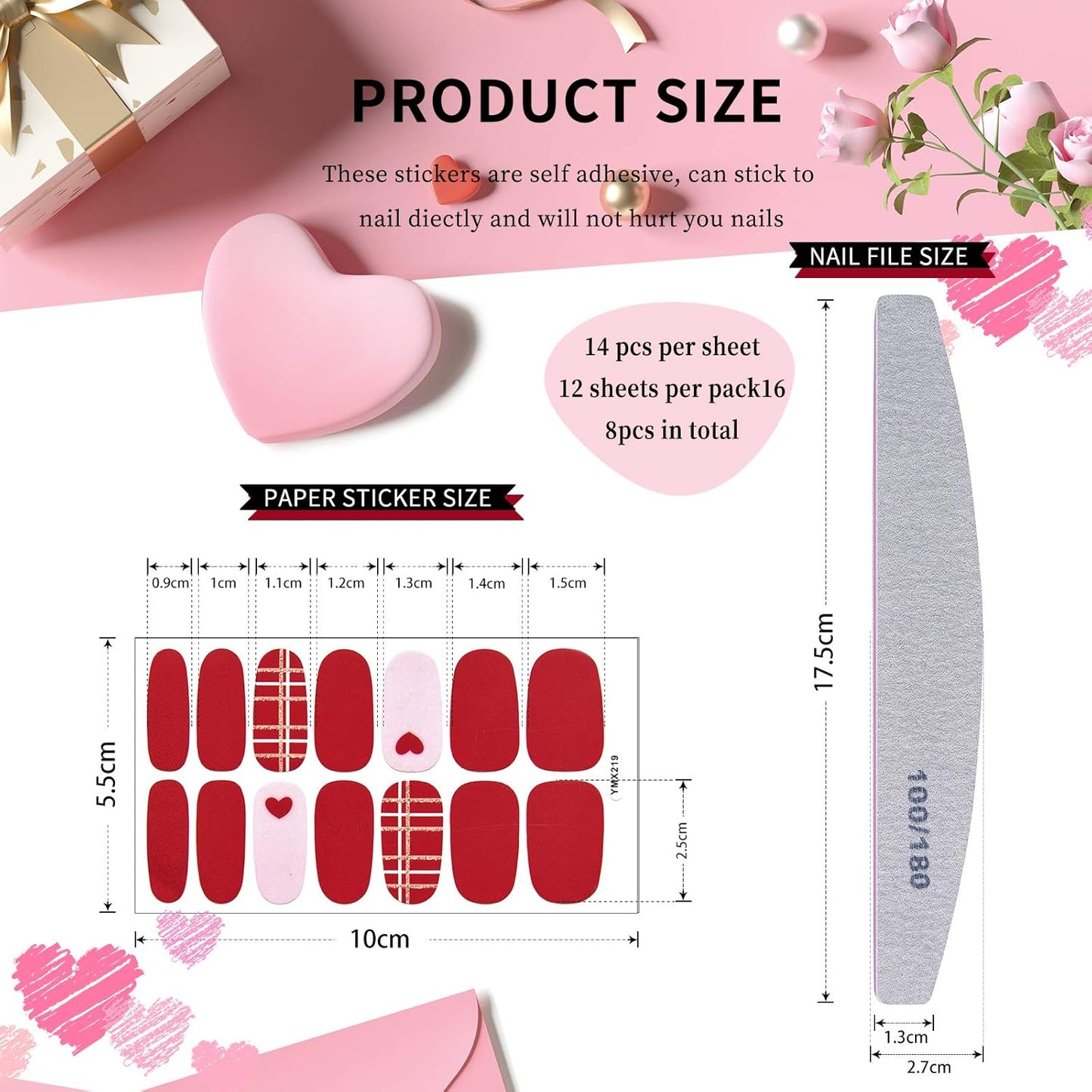 EBANKU 12 Sheets Valentine's Day Nail Wraps Red Heart Strips Valentine Lips Polish Stickers Decals Full Wraps for Women Girls Self-Adhesive With Nail Files