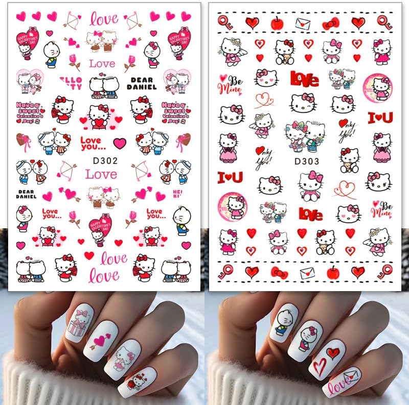 Valentines Nail Stickers Pink Cat Nail Art Stickers 3D Cat Self-Adhesive Nail Design Supply Heart Lover Romantic Cartoon Nail Decals for Women Girls DIY Manicure Decoration