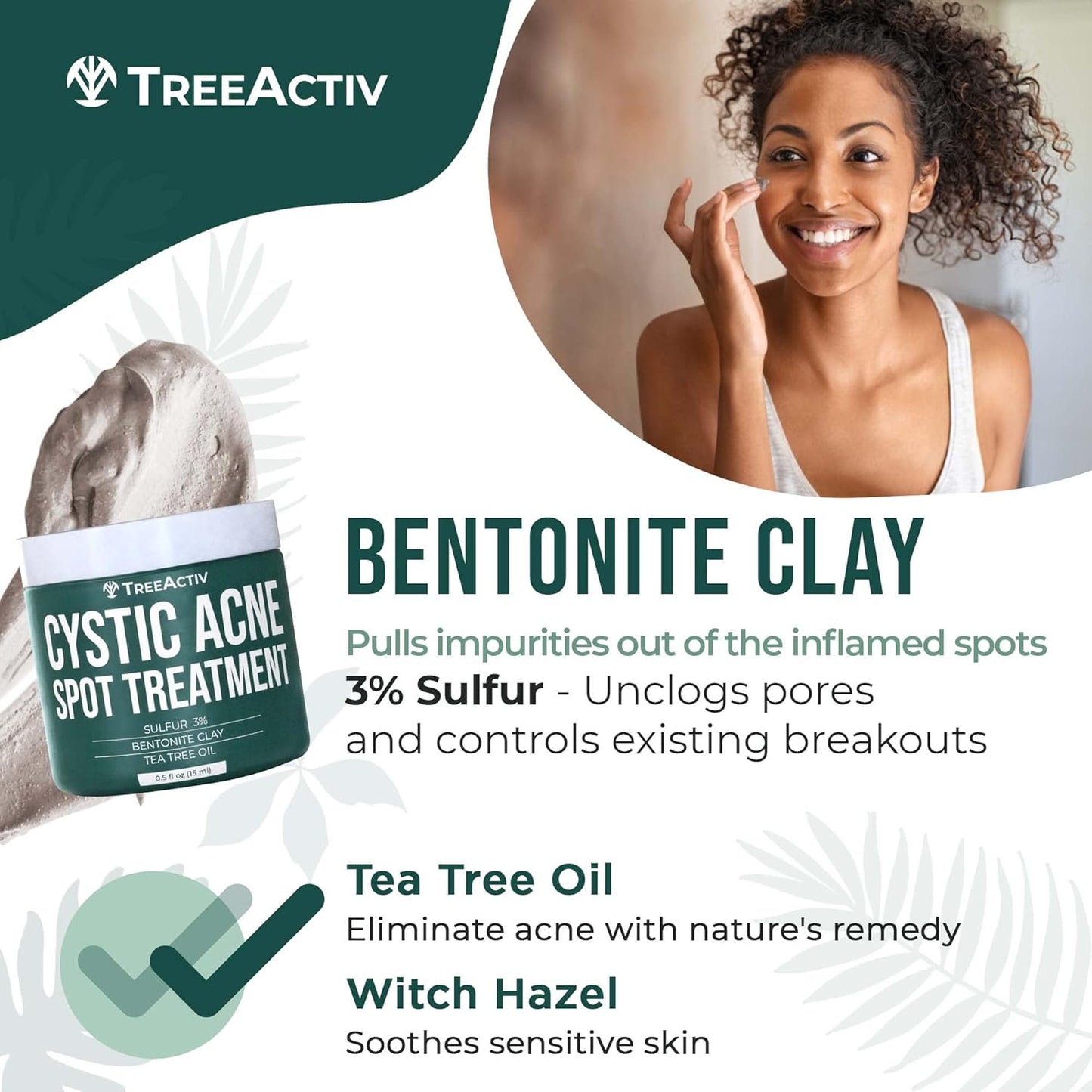 TreeActiv Cystic Acne Spot Treatment, Hormonal & Overnight Sulfur Cystic Treatment For Face, Pimples, and Blemishes for Adults, Men, and Women - 0.5oz 120+ Uses
