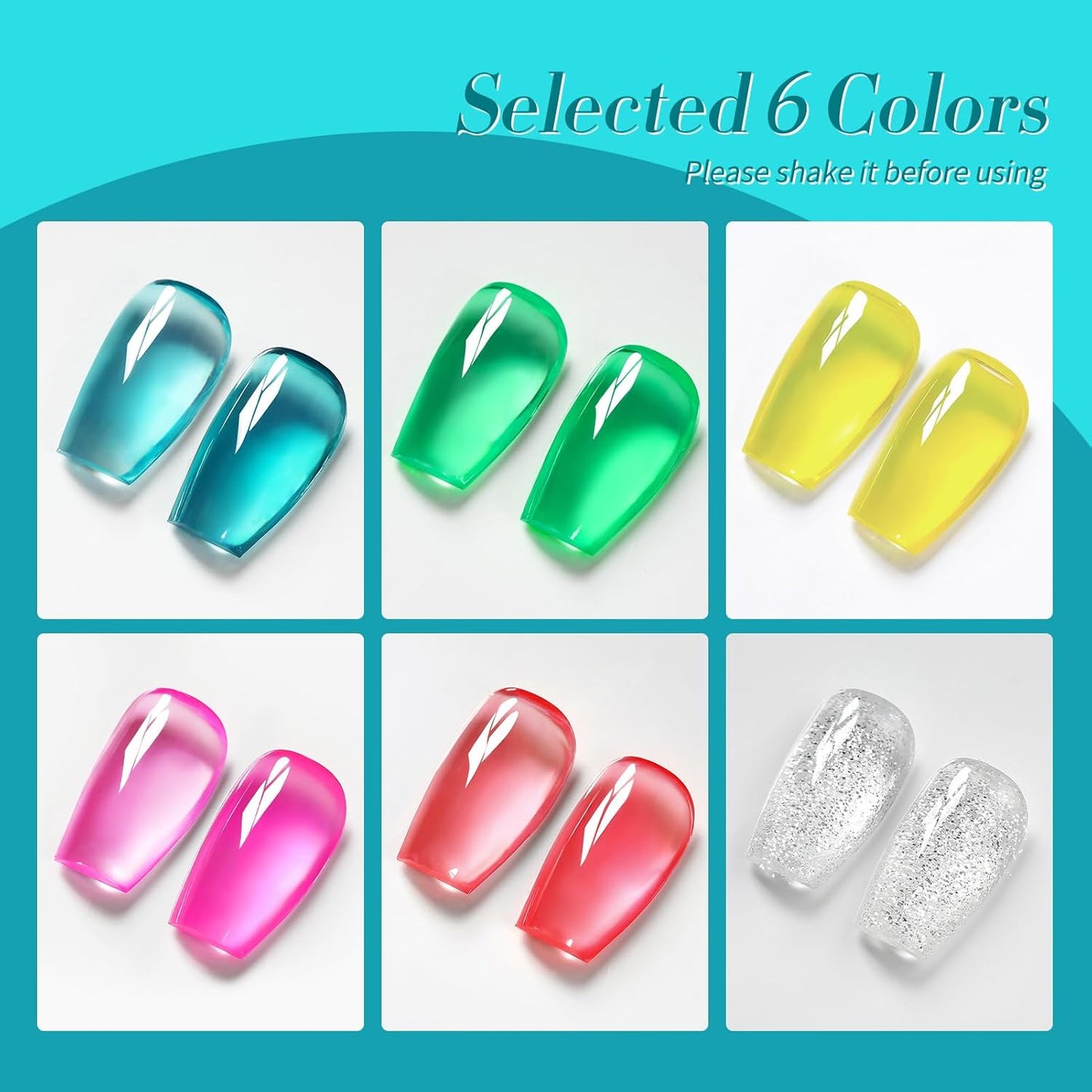 Born Pretty Jelly Gel Nail Polish Set Spring Summer Crystal Glass Translucent Pastel Sheer Gel Polish Pink Green Blue Red Yellow Silver Shiny Glitter Gel Nail Polish Nail Art Gel DIY Gift 6PCS