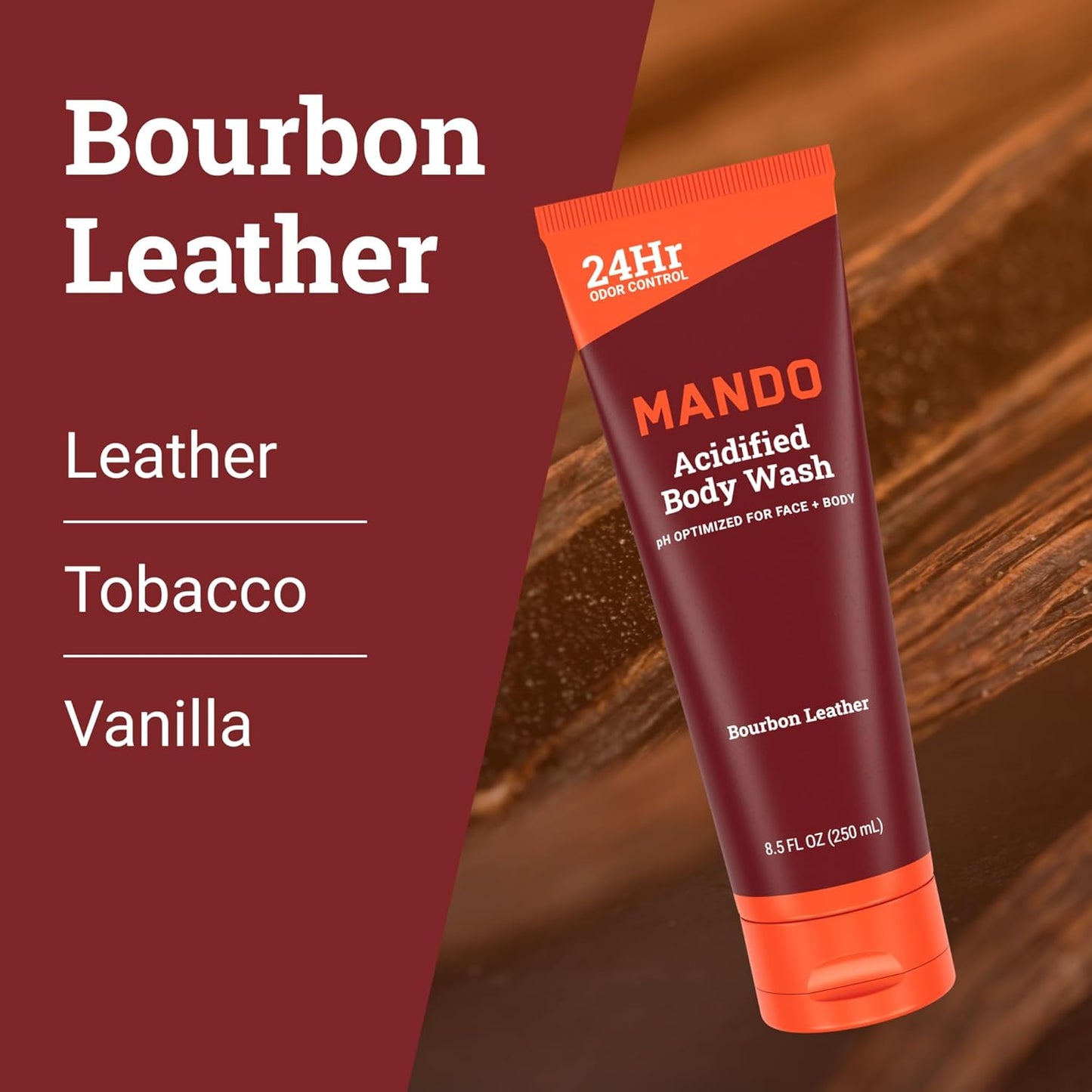 Mando Odor Shield Body Wash - 24 Hour Control - Removes Odor Better than Soap - SLS Free, Paraben Free, Skin Safe - 8.5 Ounce (Pack of 2) (Bourbon Leather)