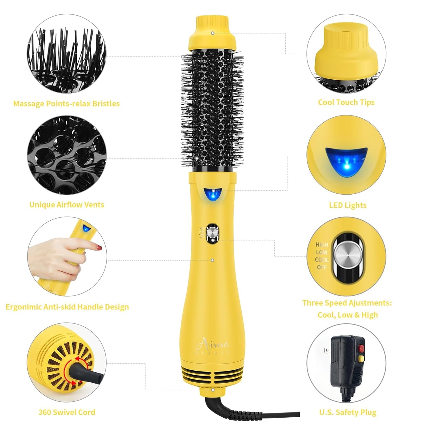 Hair Dryer Brush, Aima Beauty 4-in-1 Upgrade Hot Air Straightener Curler Function for Women, Hair Styling Tools, Yellow-Round