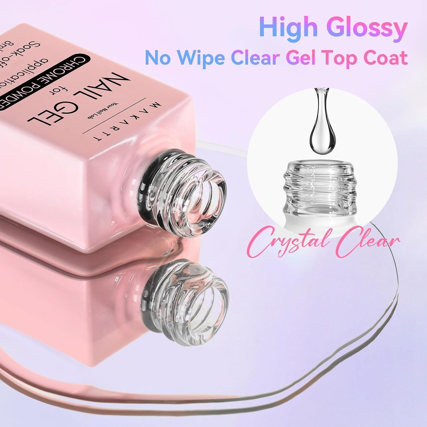 Makartt No Wipe Gel Top Coat for Chrome Nail Powder - Clear High Gloss Mirror Shine Top Coat Gel Nail Polish, Long Lasting Soak-Off LED UV Lamp, DIY Home Salon Art Design Gifts, 8ml Pink Bottle
