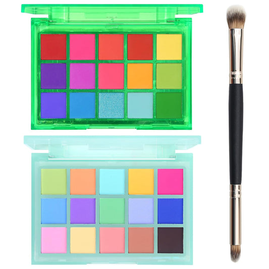 UCANBE Colorful Eyeshadow Palette Makeup Set, 2pcs 15 Shades Matte Shimmer Vibrant Neon Rainbow Pastel Eye Shadow Pallet with Soft Double Ended Brush, Summer Vibe Pigmented Blendable Eye Make Up Kit