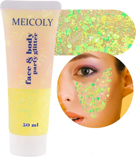 MEICOLY Chameleon Yellow Body Glitter,Chunky Face Glitter for Halloween,Color Changing Mermaid Glitter Face Paint,Holographic Glitter Sequin for Face Body Hair,Festival Party Cheer Glitter Makeup,50ml