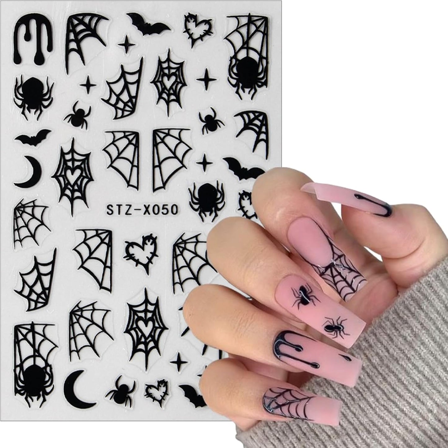 8 Sheets Halloween Nail Art Stickers 3D Spider Web Nail Decals Scary Black Spider Skull Bat Ghost Designs Nail Stickers Black White Halloween Nail Decoration for Women Girls DIY Nails Art Decoration