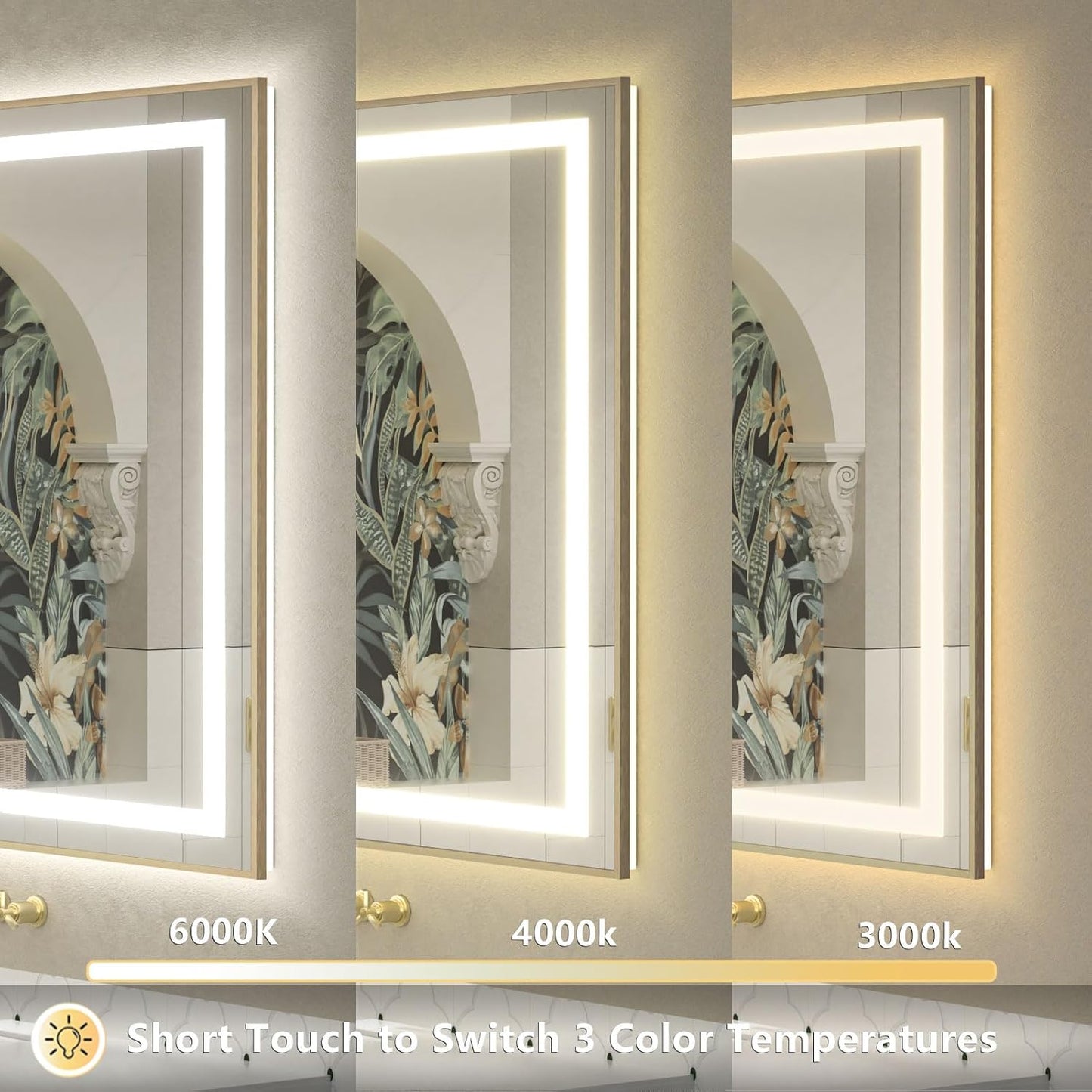 OKPAL 60x28 LED Bathroom Mirror Gold Metal Framed Front Light & Backlit, Lighted Vanity Mirror, Anti-Fog, Dimmable, 3 Colors, Shatterproof, ETL Listed, Horizontal/Vertical