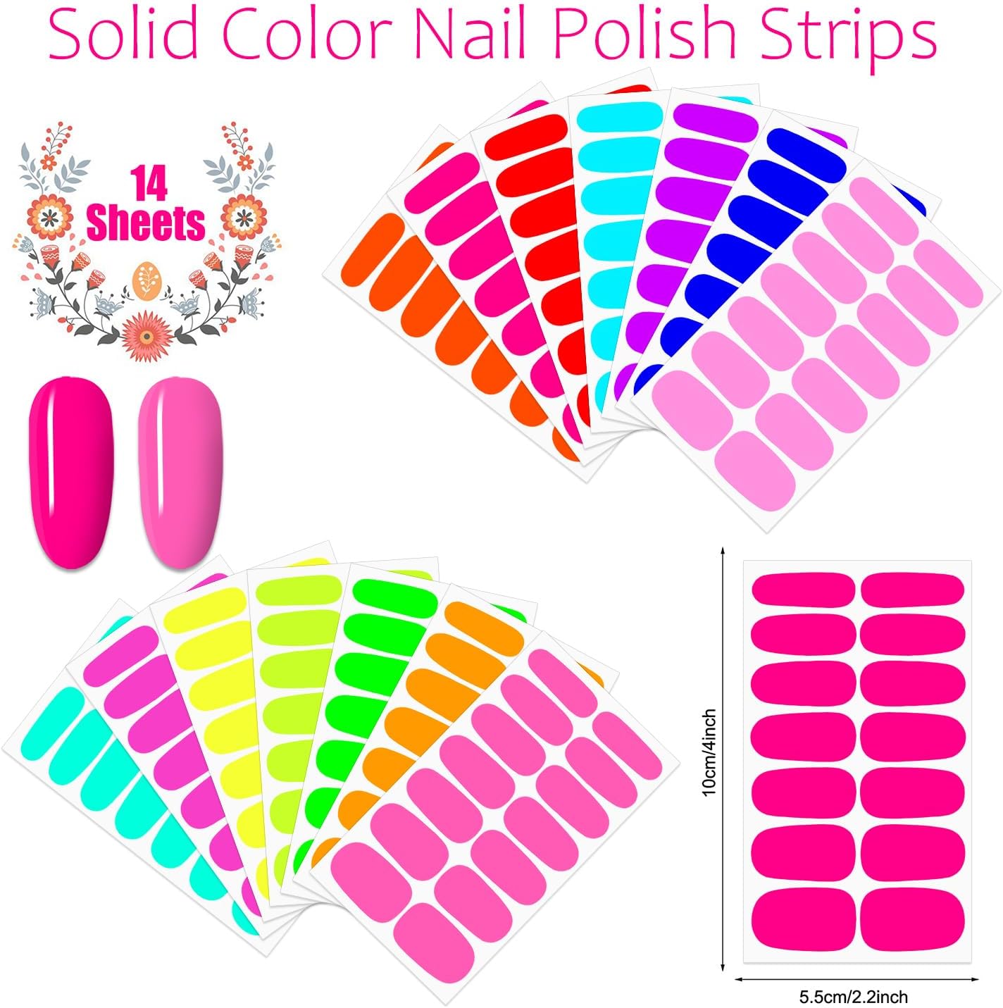 JERCLITY 196 Pieces 14 Sheets Fluorescence Solid Color Nail Polish Strips Vibrant Color Nail Wraps for Short Nails Nail Decals Self-Adhesive Nail Stickers Full Nail Wraps for Women Girls Nail Art