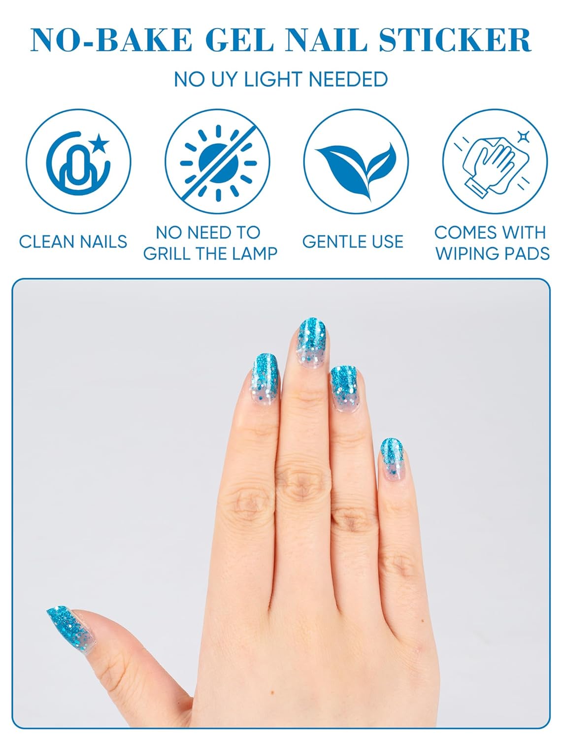 No UV Light Needed Semi Cured Gel Nail Strips Kit for Women, 48 Pcs Self-Adhesive Stick on Nail Polish Art Stickers Wraps with Nail Files and 2 Nail Wiping Blocks (Blue) (Blue)