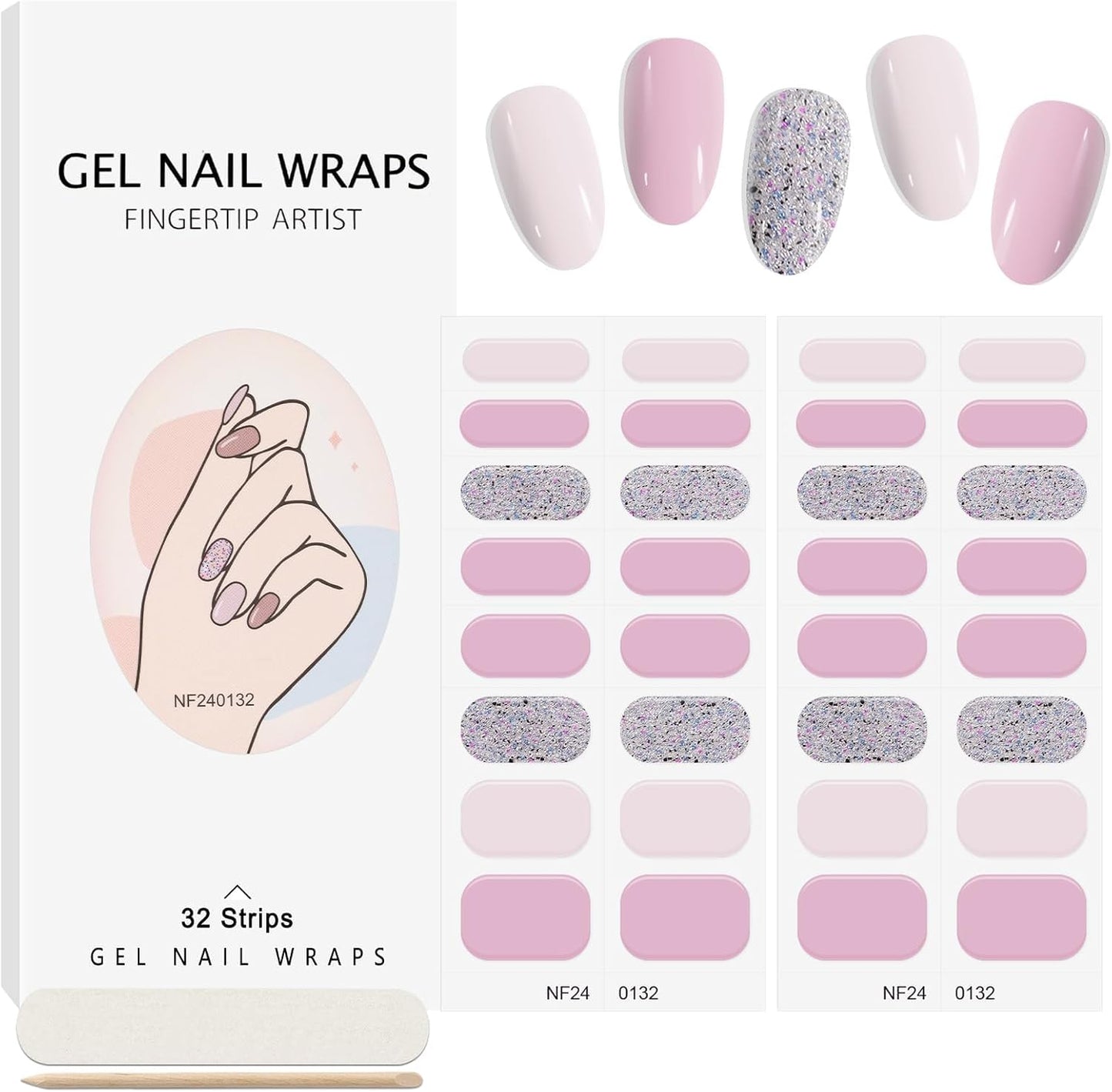 EBANKU 32PCS Semi-Cured Gel Nail Wraps Full Nail Polish Wraps Shiny Nail Decors UV/LED Lamp Required (Shiny Pink)
