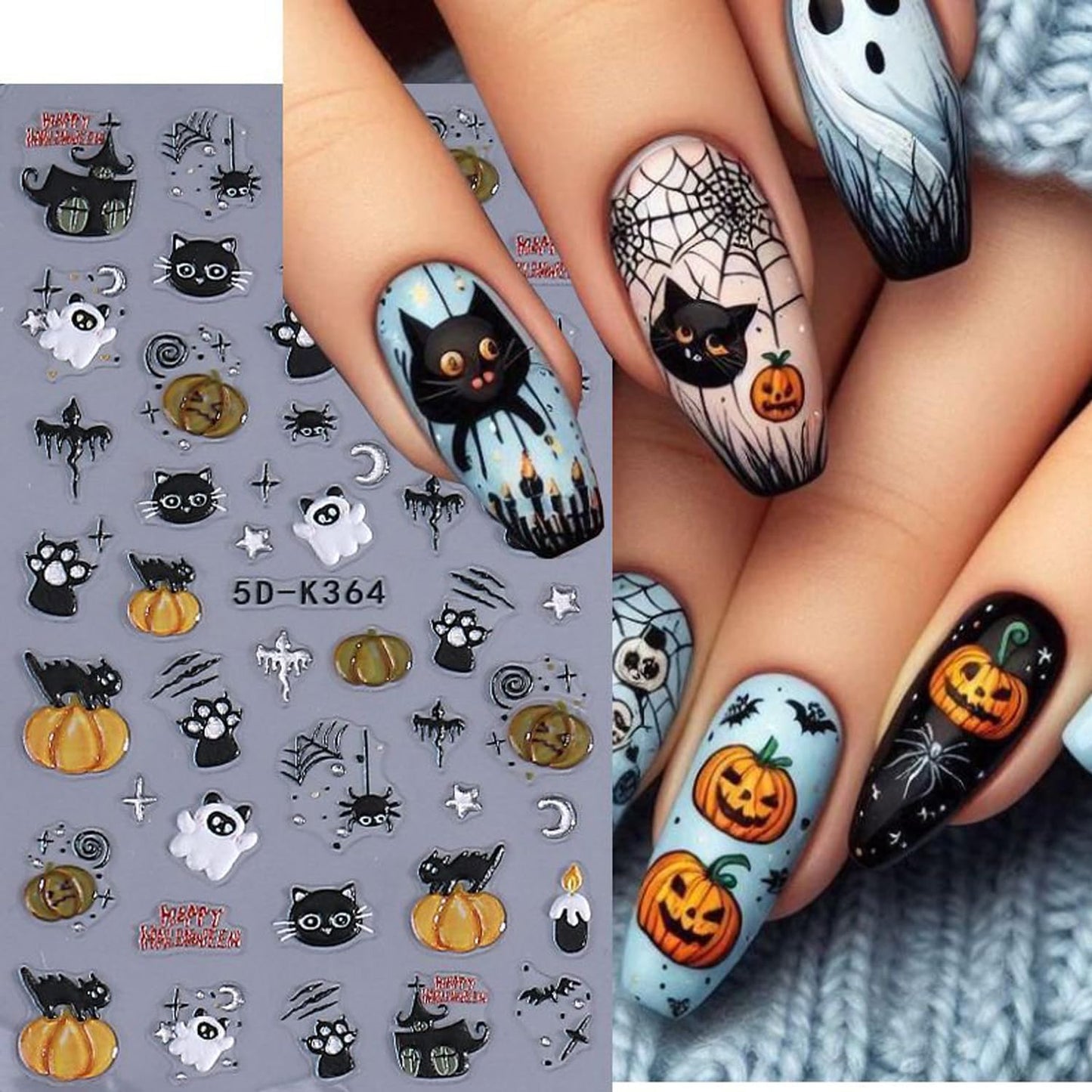 2Sheet Halloween Nail Art Stickers 5D Relief Cartoon Ghost Cat Dark Self-Adhesive Sticker Nail Decals Cute Ghost Pumpkin Pattern Nail Art Slider DIY for Women Girl Cute Halloween Nail Decoration