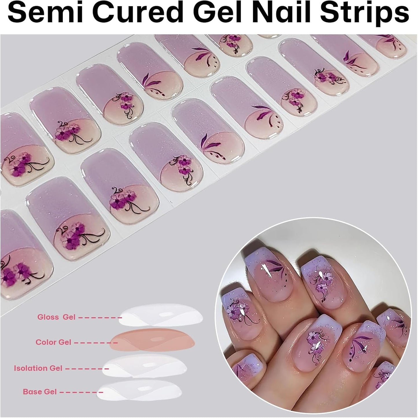 Semi Cured Gel Nail Strips French Tip Gel Nail Strips with Flower Designs Glossy Pink Stickers Wraps Need UV/LED Light Salon Quality & Easy to Use for Women 20 Pcs