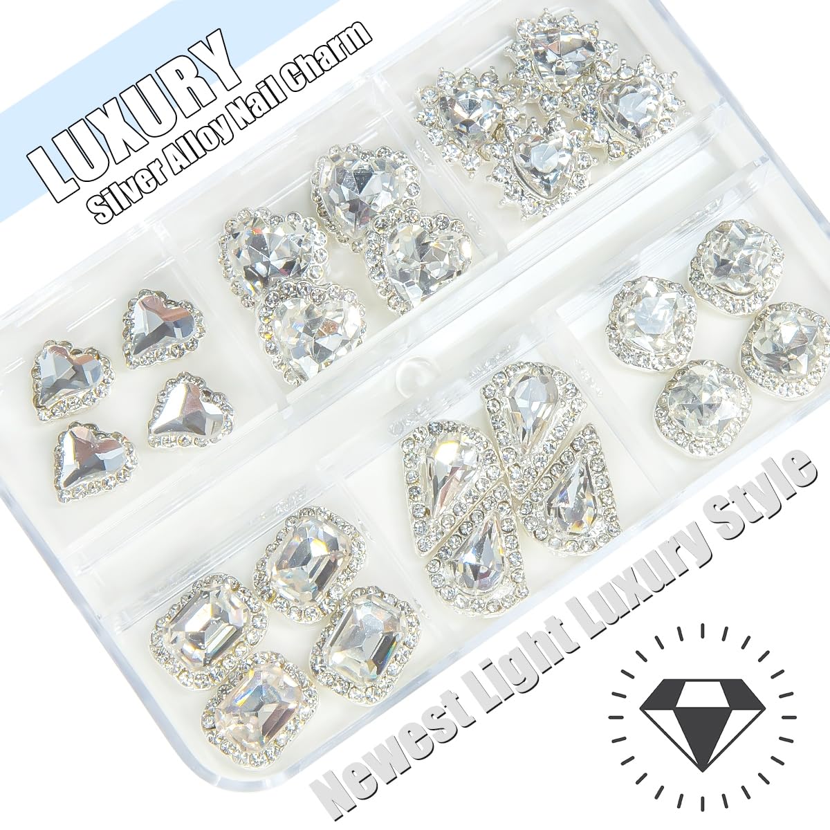 24Pcs 3D Alloy Silver Clear Nail Art Rhinestones Luxury Charms for Nails- 3D Alloy Heart Nail Charms, Elegant Silver Nail Crystal Diamonds Stones Studs for Acrylic Nails DIY Crafts Jewelry