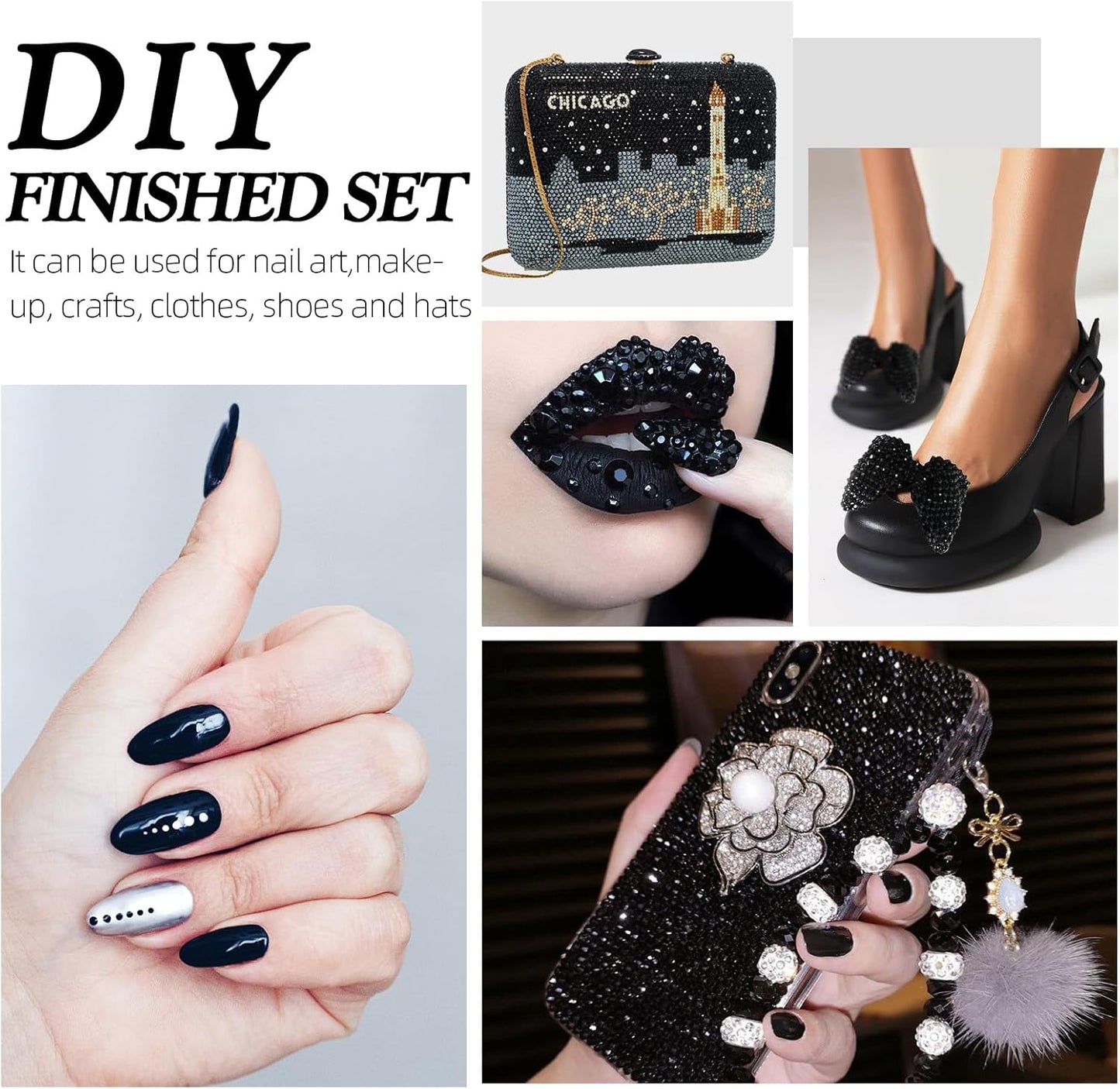 Black Flatback Rhinestones, Glass Rhinestones for Nail Art and Craft, Glue Fix, Loose Crystal Gemstones(Black, SS6, 2880pcs, 1.9-2.0mm)