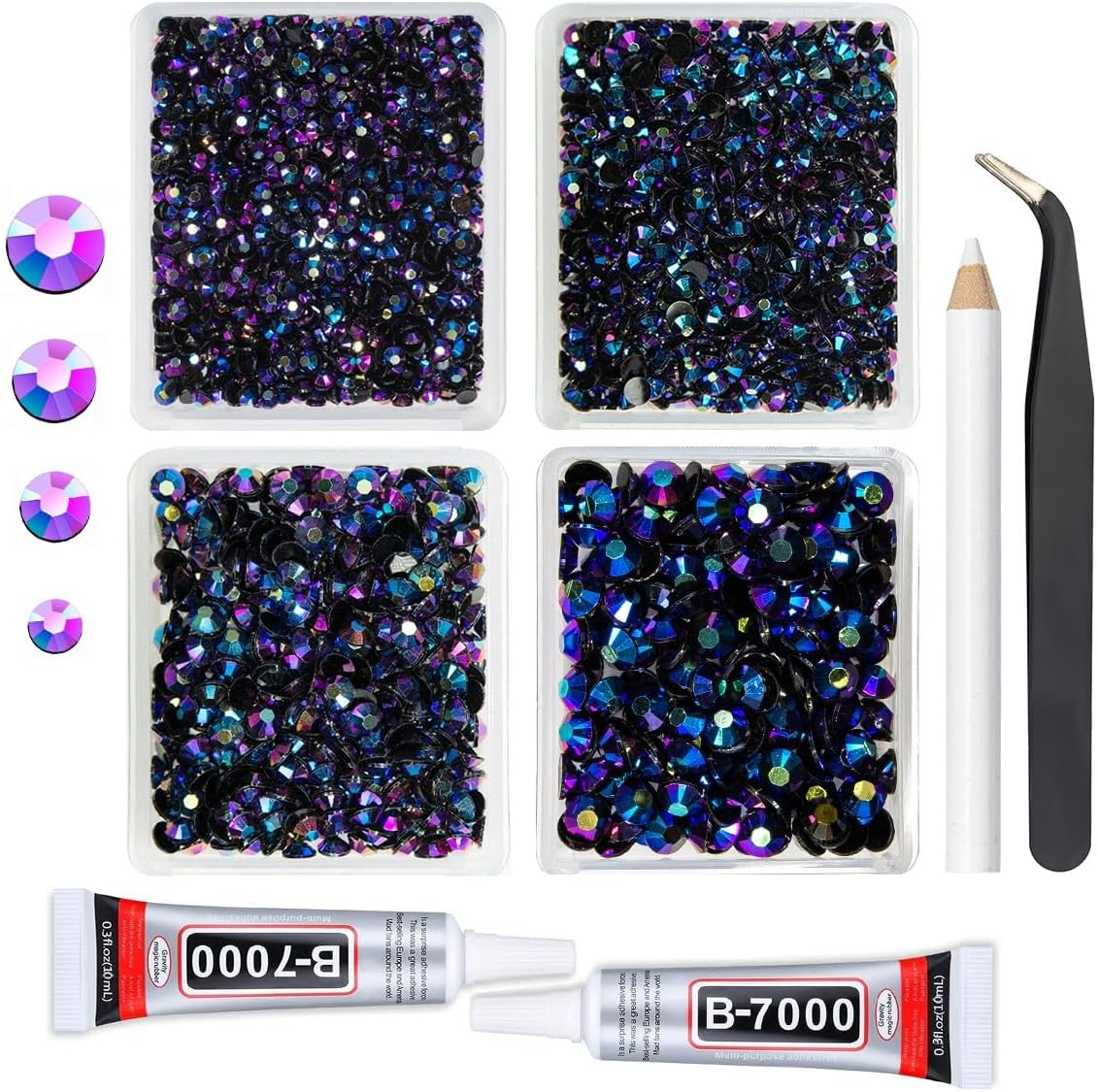Purple Rose AB Resin Rhinestones w B7000 Jewelry Glue for Bedazzling Crafting 3mm 4mm 5mm 6mm Flatback Jelly Stones Bulk Diamonds Gems Charms Supplies for Nails Face Makeup Tumblers DIY