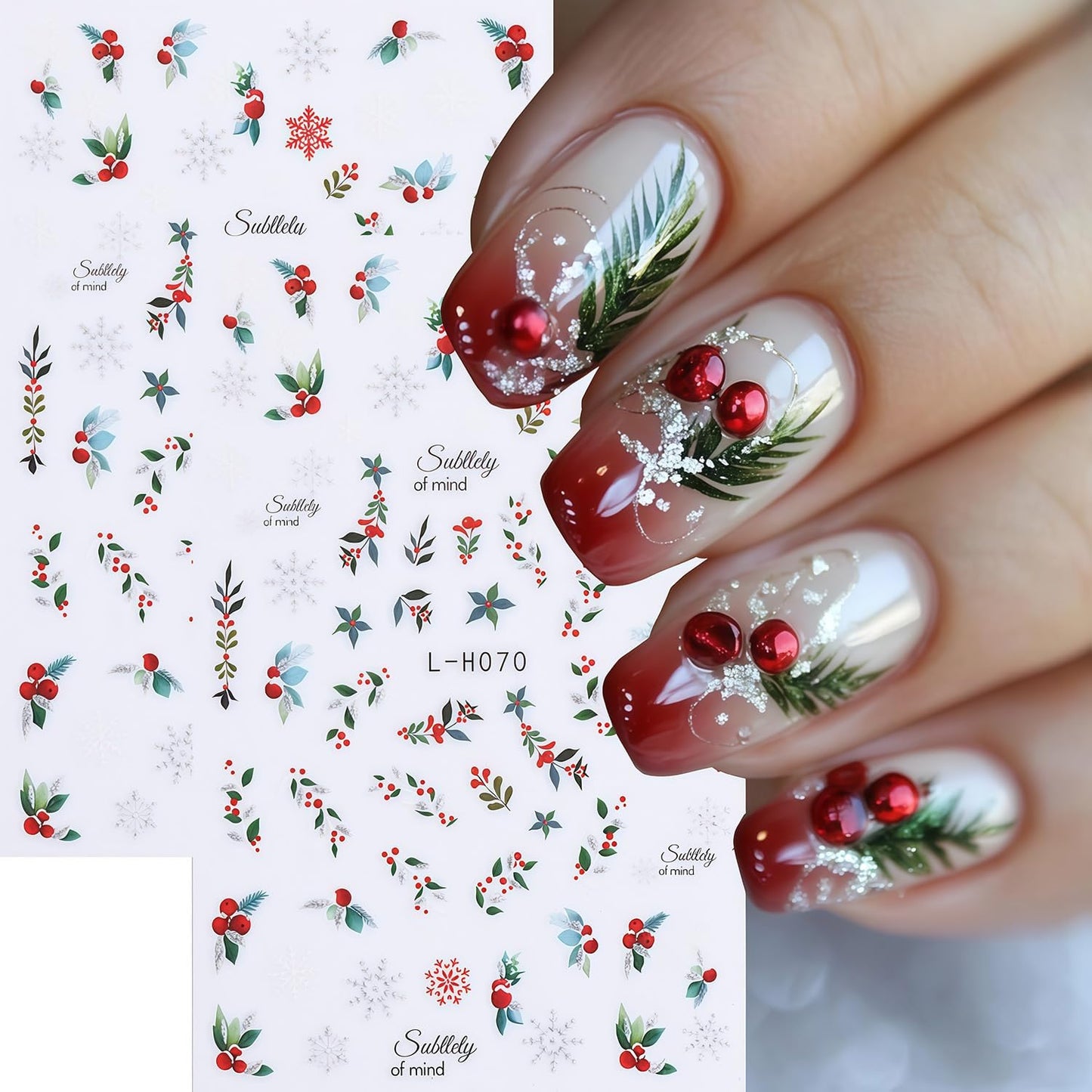 8 Sheets Christmas Nail Stickers for Nail Art, Christmas Holiday Holly Leaves Nail Decals Design 3D Self-Adhesive Winter Leaves Nail Art Stickers Supplies for Women Holiday DIY Manicure Decoration
