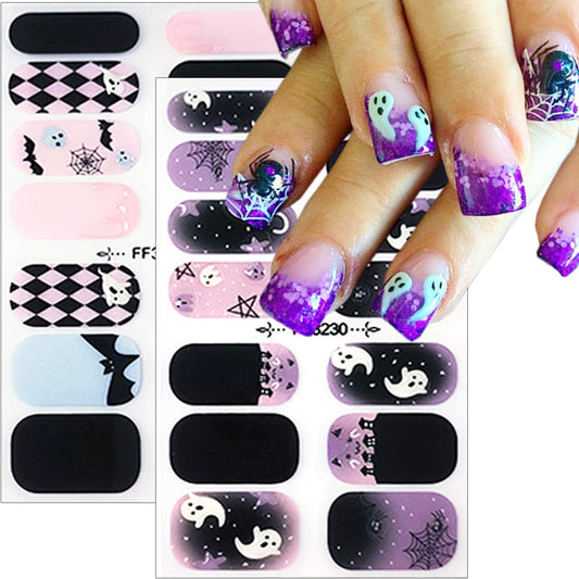 Halloween Gel Nail Stickers for Nail Art 3D Halloween Ghost Nail Art Stickers Cute Full Nail Wraps Stickers Halloween Nail Polish Stickers Spider Bat Moon Star Gel Nail Strips Decals for Women Girls