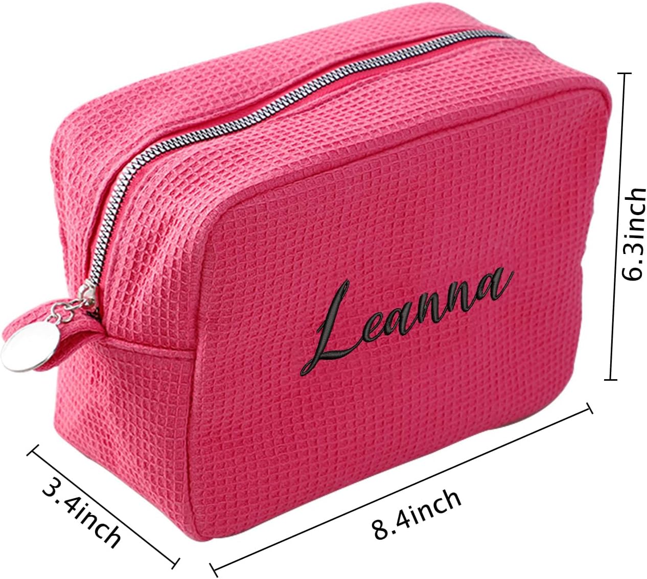 GOPHIE Personalized Embroidered Makeup Bag,Custom Waffle Fabric Cosmetic Pouch for Women, Travel Makeup Pouch (3, Hot Pink)