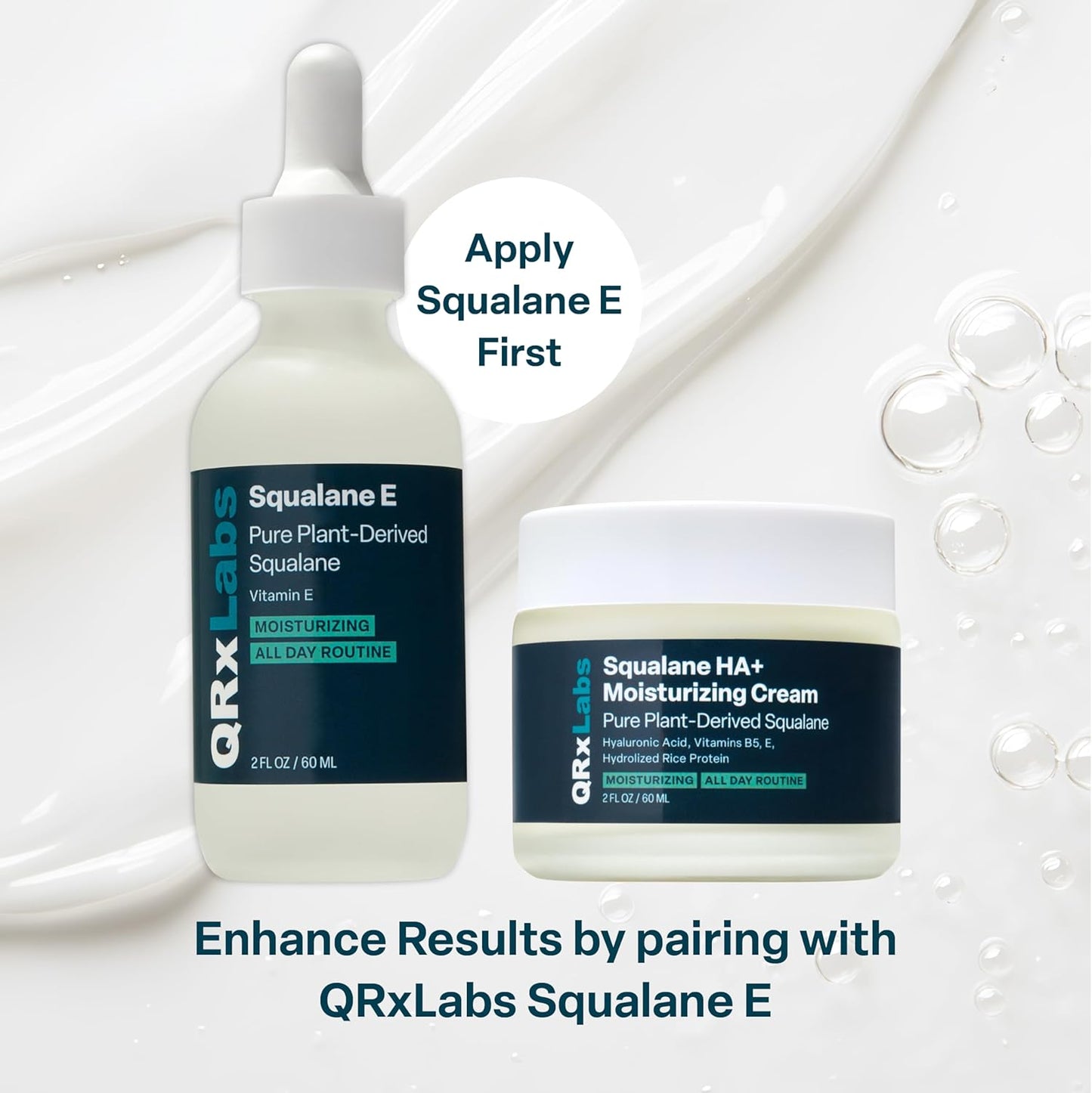 QRxLabs Plant-Based Squalane Face Moisturizer - 2 fl oz (60 mL) - Hyaluronic Acid Hydrating Cream for Face & Body - Moisturizing Cream with Vitamin B5 & Rice Protein - Silicone-Free Cruelty-Free