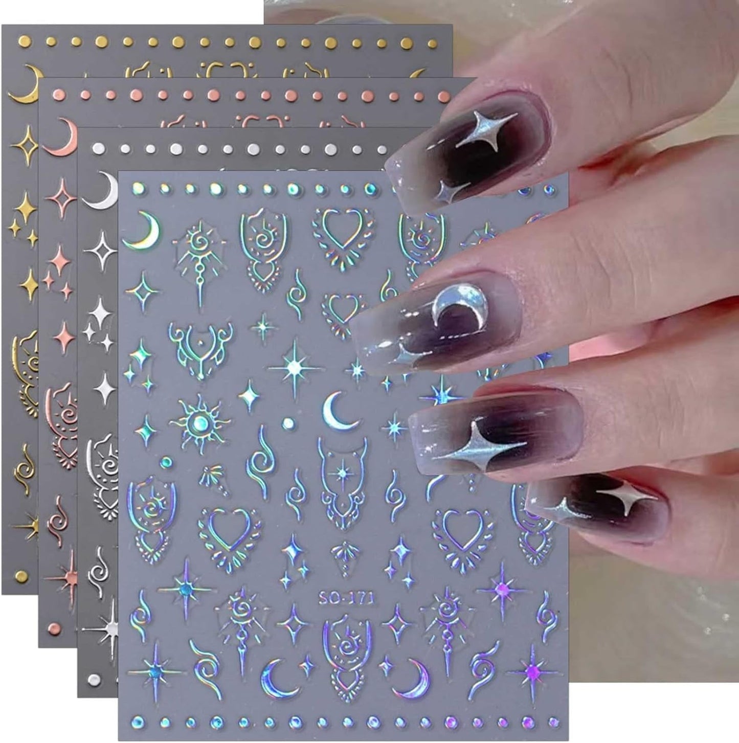 12 Sheets Star Nail Stickers Moon Letter Nail Art Stickers 3D Embossed Self Adhesive Nail Decals Rose Gold Silver Holographic Nails Design Nail Art Decals for Women Manicure DIY Decoration