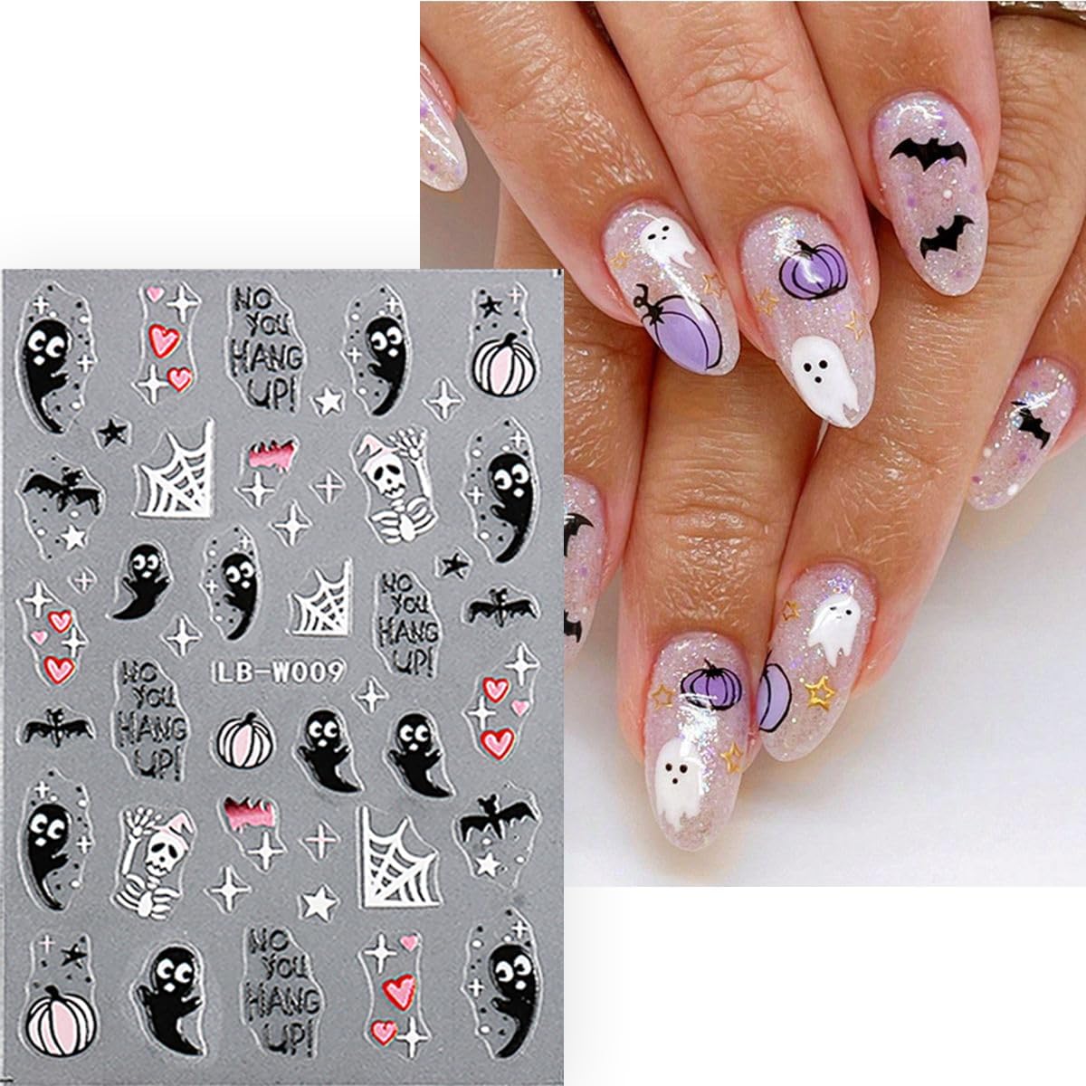 8 Sheets Halloween Nail Art Stickers Cute Ghost Nail Decals 3D Self-Adhesive Goth Skull Pumpkin Nail Stickers Halloween Acrylic Nail Art Decoration for Women Holiday French Nail Art Supplies
