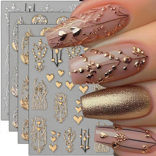 Fall Nail Stickers Gold Leaf Thanksgiving Nail Decals DIY Self Adhesive Floral Fruit Nail Design 3D Nail Decoration Supplies Holiday Manicure Accessories for Women Girls 4Pcs