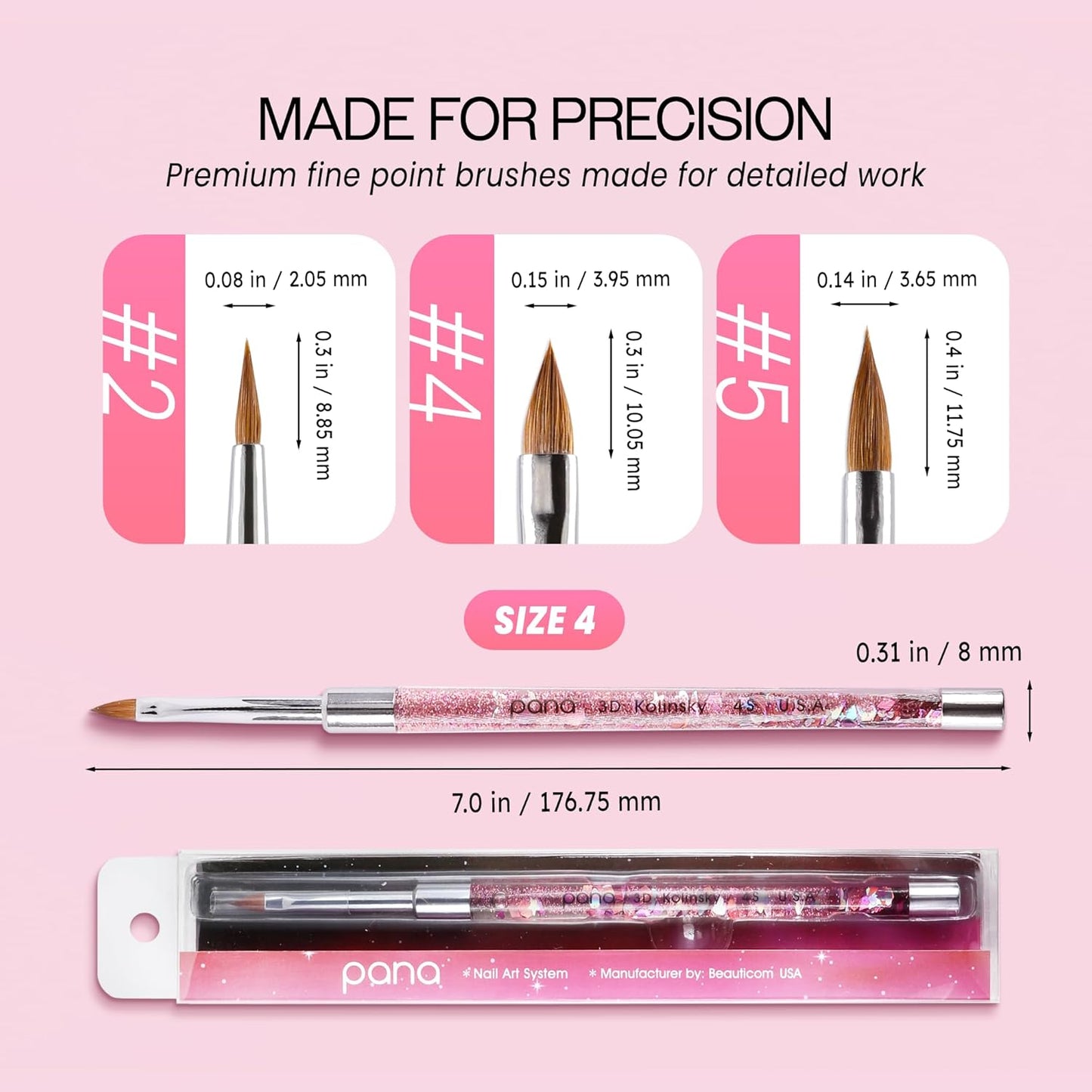 PANA 3D Kolinsky Nail Art Brush - Pink Glitter Handle, Size 4 - Acrylic Nail Art Sculpture Brush for Manicures Pedicure Salon Professional or Beginner