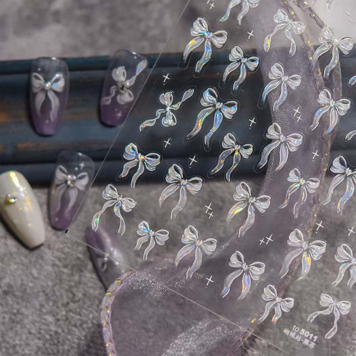 1Sheet Aurora Bow Nail Art Stickers Jelly Bow Nail Decals 5D Embossed White Ribbon Bow Nail Stickers Self-Adhesive Stars Nail Supplies for Women DIY Manicure Decoration