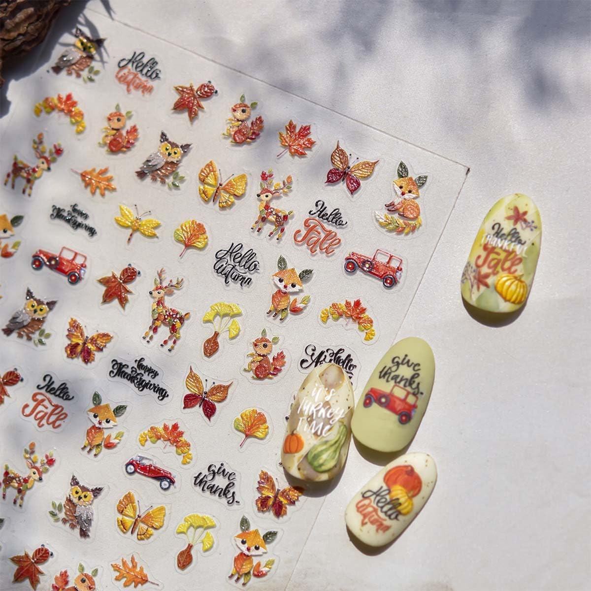 Fall Nail Sticker 5D Embossed Autumn Nail Decals Maple Leaf Design Butterfly Nail Art Sticker Cute Nails Art Decals Plants Animals Nails Supplies for Women Holiday DIY Manicure 1 Sheet