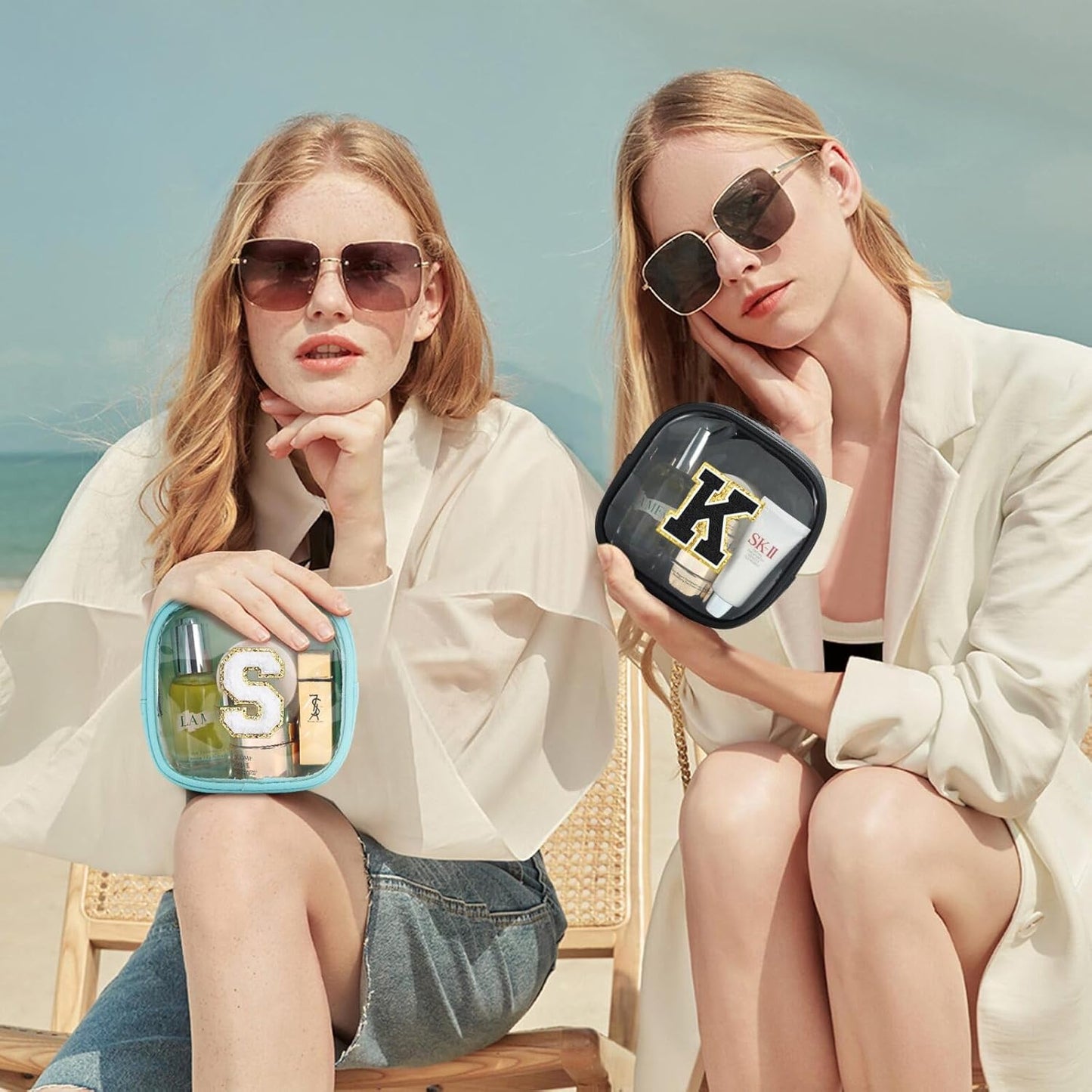 YOOLIFE Initial Travel Toiletry Bag, Clear Makeup Bag Preppy Cosmetic Bags Organizer Travel Essentials Gifts for Women Teen Girlfriend Teacher 12 13 14 15 16 Years Old Girl Gifts Trendy Stuff Blue L