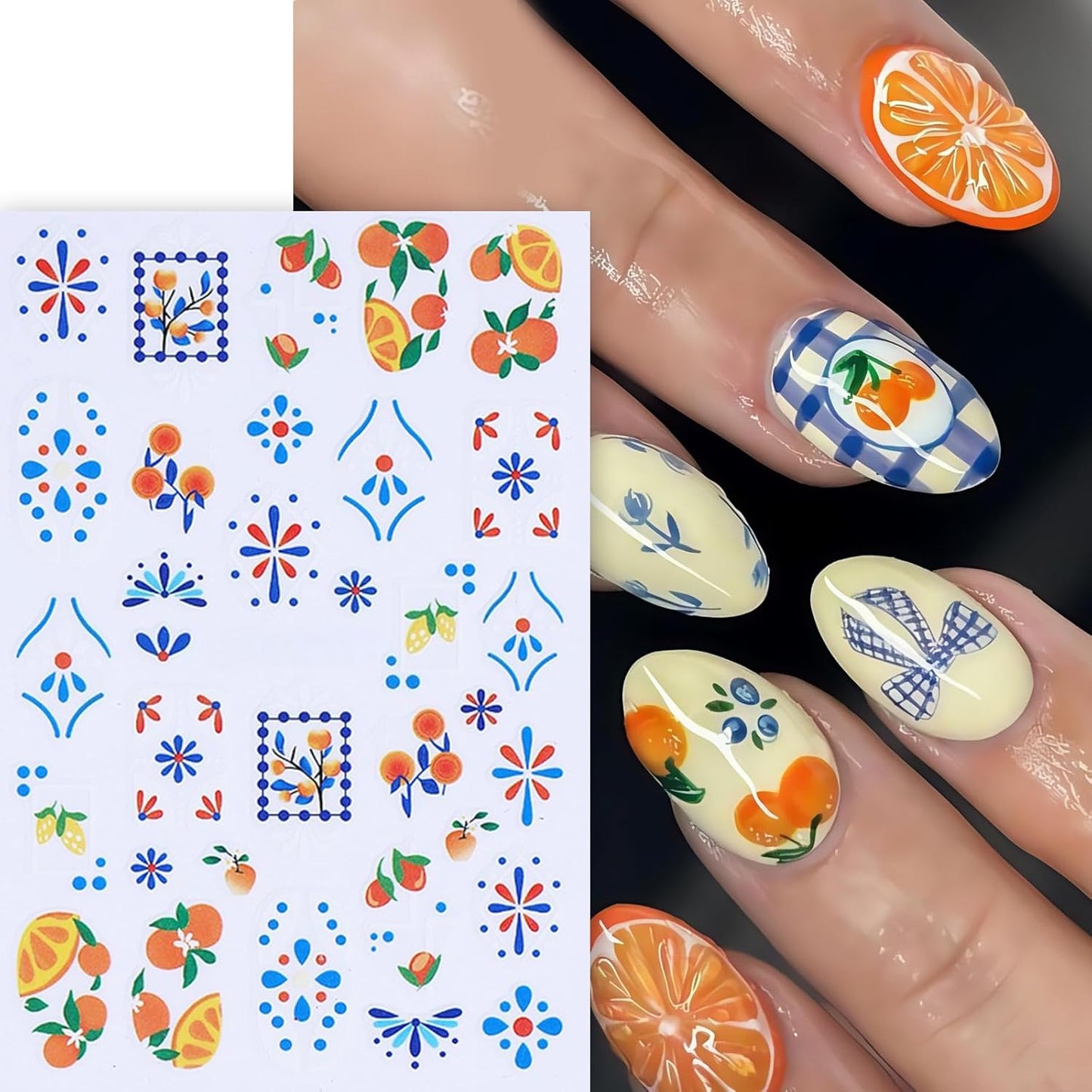 6Pcs Summer Nail Art Stickers 3D Self-Adhesive Orange Lemon Nail Decals Strawberry Blueberry Stickers for Nails Designs Cute Fruit Nail Decor Bohemian French Nail Accessories for DIY Women Manicure
