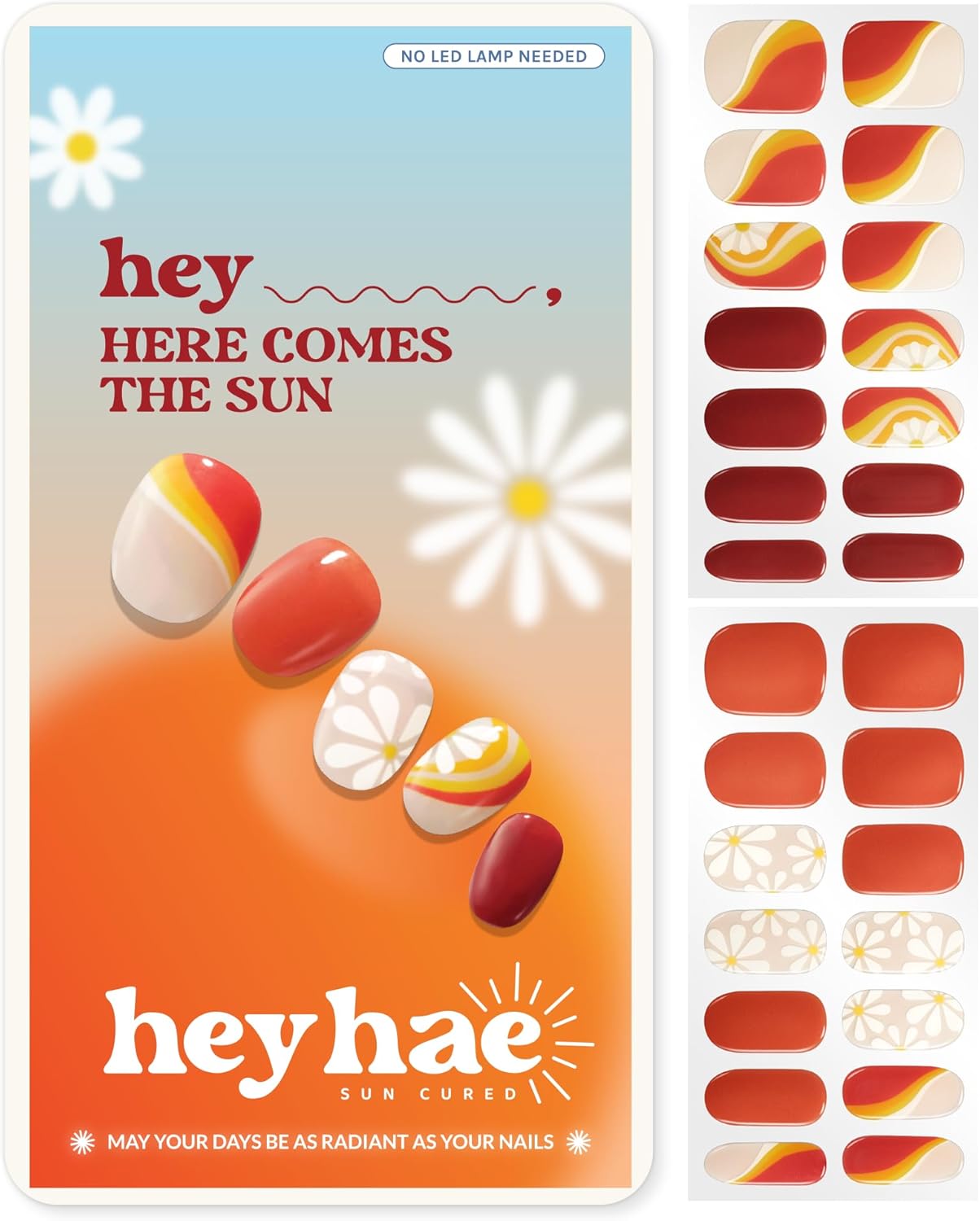 Semi Cured Gel Nail Strips | No LED Lamp Needed | Summer, Floral, Red | Easy Apply & Remove, Salon Quality | Includes 28 Strips, 1 Prep Pads, Nail File & Wooden Stick - Hey, Here Comes The Sun