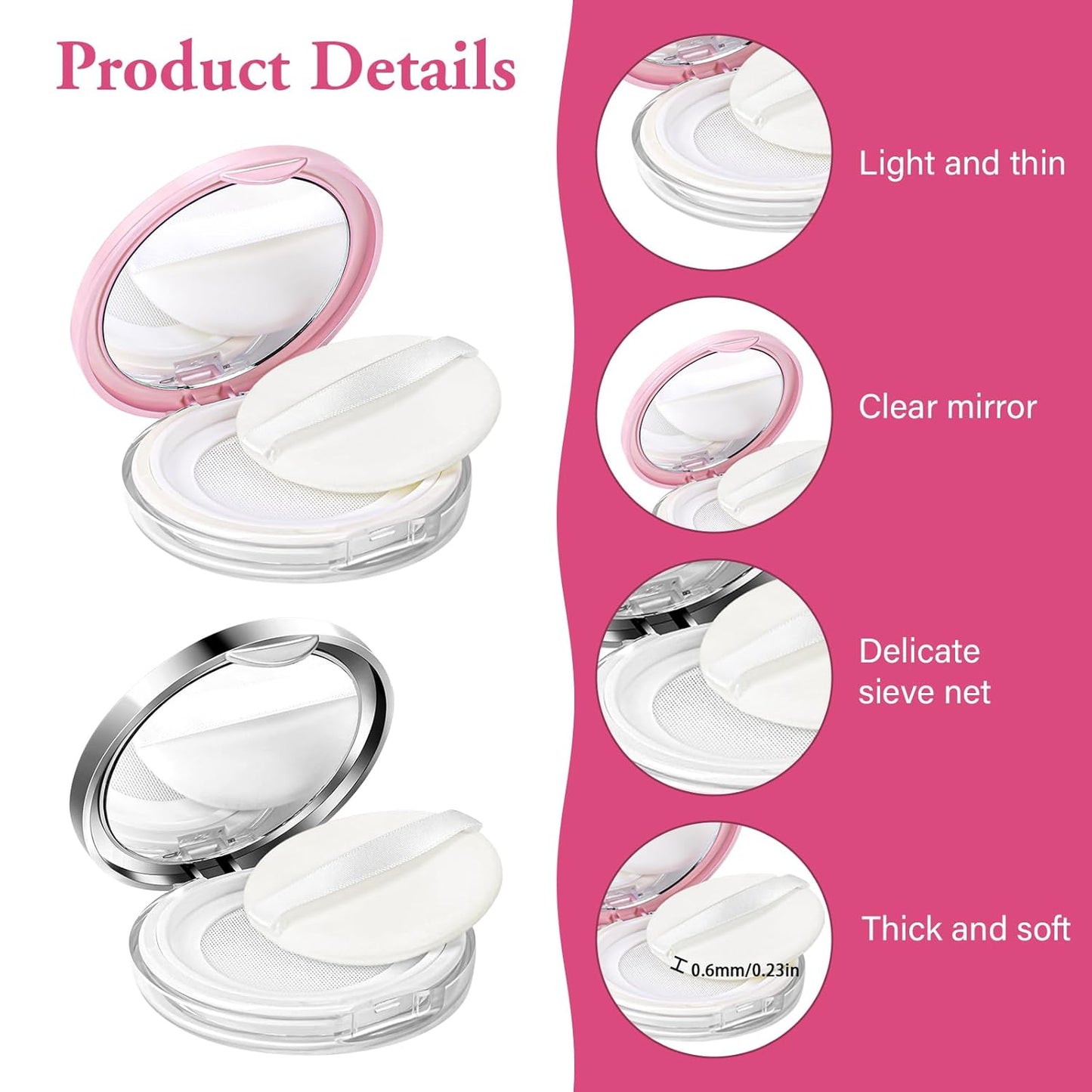 2 Pcs Loose Powder Container with Puff 0.17/0.7 oz Refillable Empty Powder Compact Makeup Powder Travel Container Case Portable Powder Puff and Container with Mirror and Elasticated Net Sifter