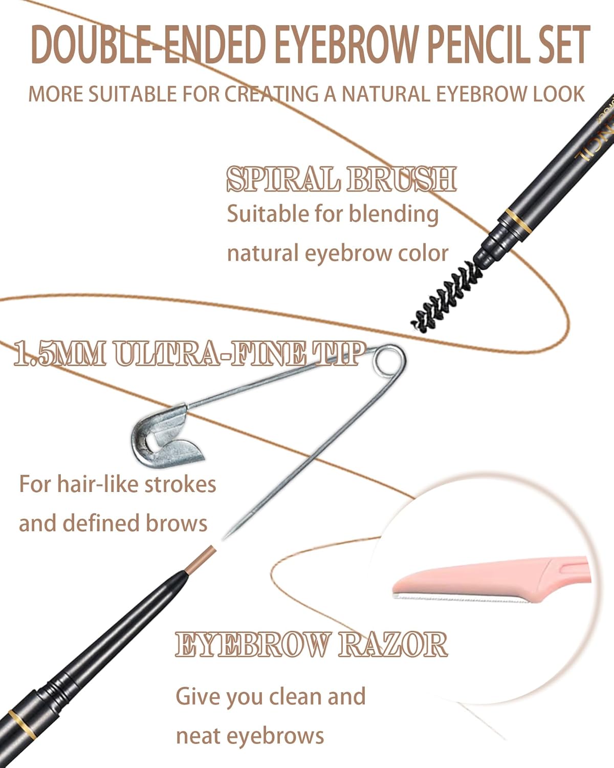 Light Brown Eye Brow Pencils for Women, 6Pcs Waterproof Eyebrow Pencil, 1.5mm Micro-Fine Tip & Spiral Brush with Brow Razors Perfect for Creating a Natural and Delicate Eyebrow Look Makeup
