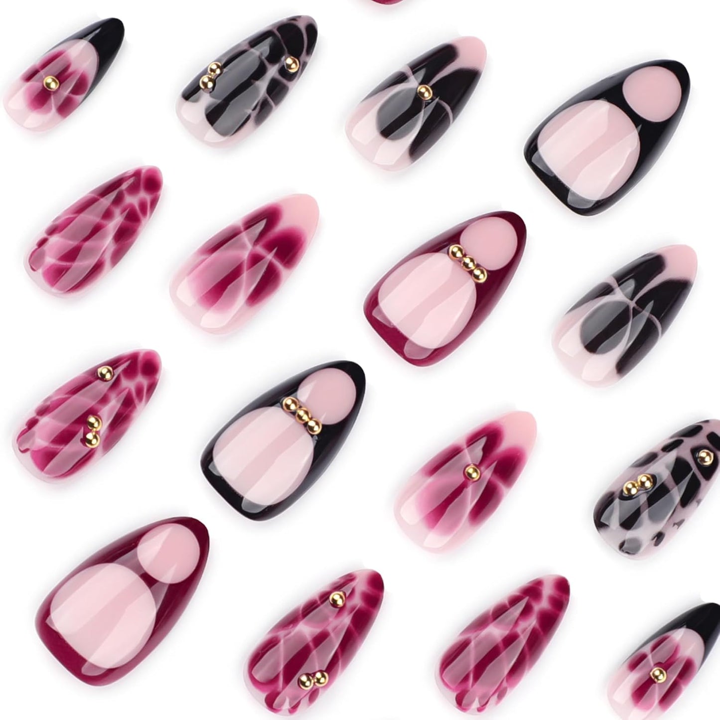 French Press On Nails Short Almond Shape, Summer Fall Fake Nails Adorned with Black and Burgundy Petal Accents, 3D Design, Glossy Gel Finish Acrylic Nails, Natural Reusable Glue On Nails for Women