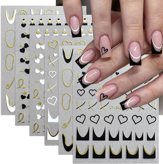 6Sheets Heart Nail Stickers French Tips Nail Art Stickers Letter Nail Decals Gold Black Bronzing Hollow Design 3D Self Adhesive Nail Sticker for Nail Art Decoration Salon Manicure Supplies for Women