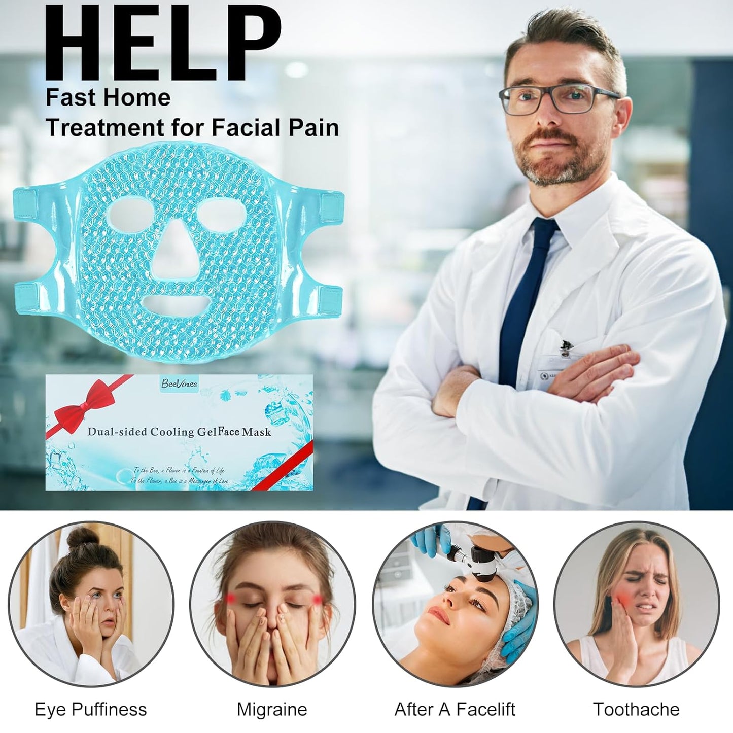 BeeVines Ice Face Mask, Cooling Gel Pack for Puffy Eyes, Cold & Hot Reusable Compress, Frozen Eye Packs Masks for Women for Dark Circles, Puffiness & Allergies (One Pack Blue)