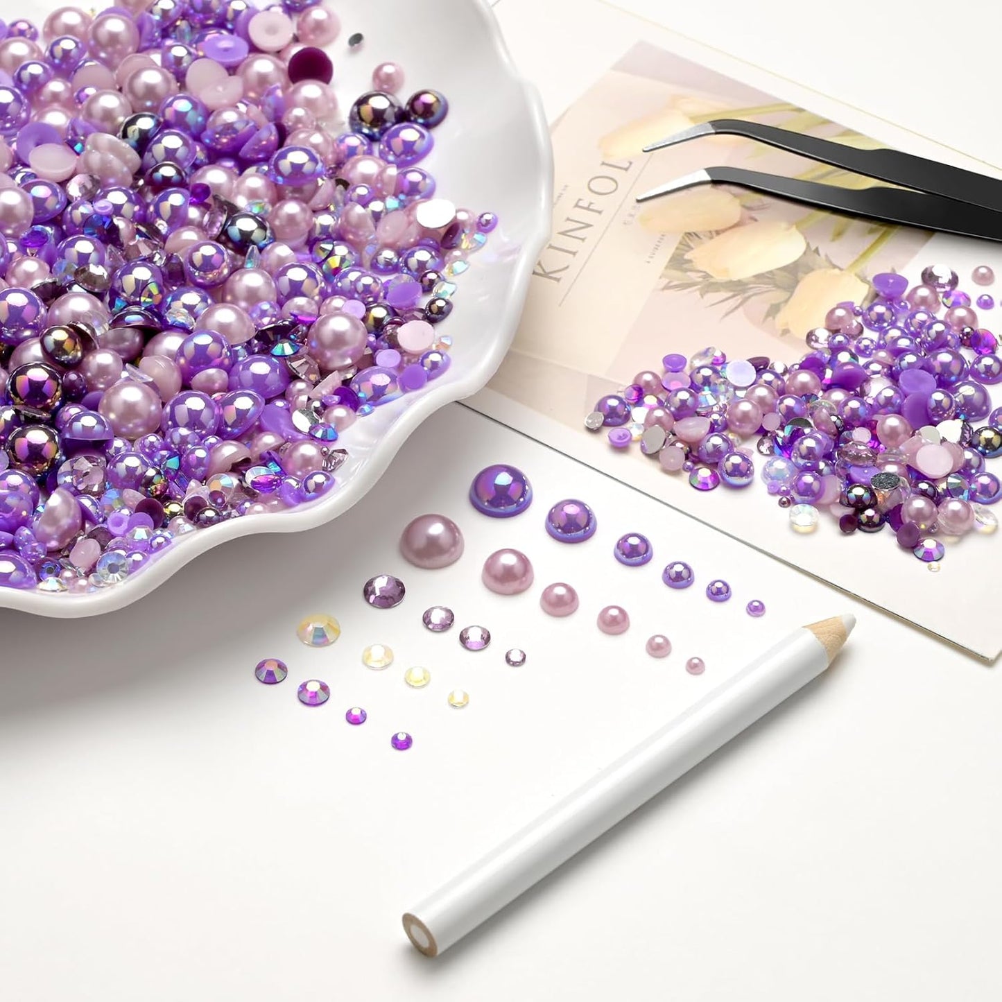 80g Mix Flatback Pearls and Rhinestones for Crafts Dark Purple Mixed Size 2mm-10mm Half Round Pearls Rhinestones for Nail Art Tumblers Shoes DIY Bedazzling with Tweezers Wax Pen