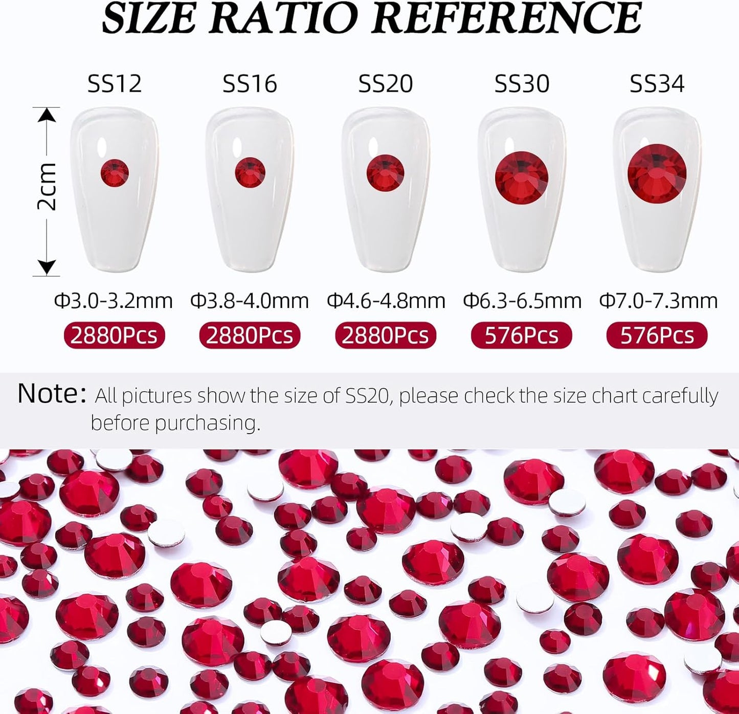 Siam Flatback Rhinestones, Glass Rhinestones for Nail Art and Craft, Glue Fix, Loose Crystal Gemstones(Siam, SS12, 2880pcs, 2.9-3.0mm)